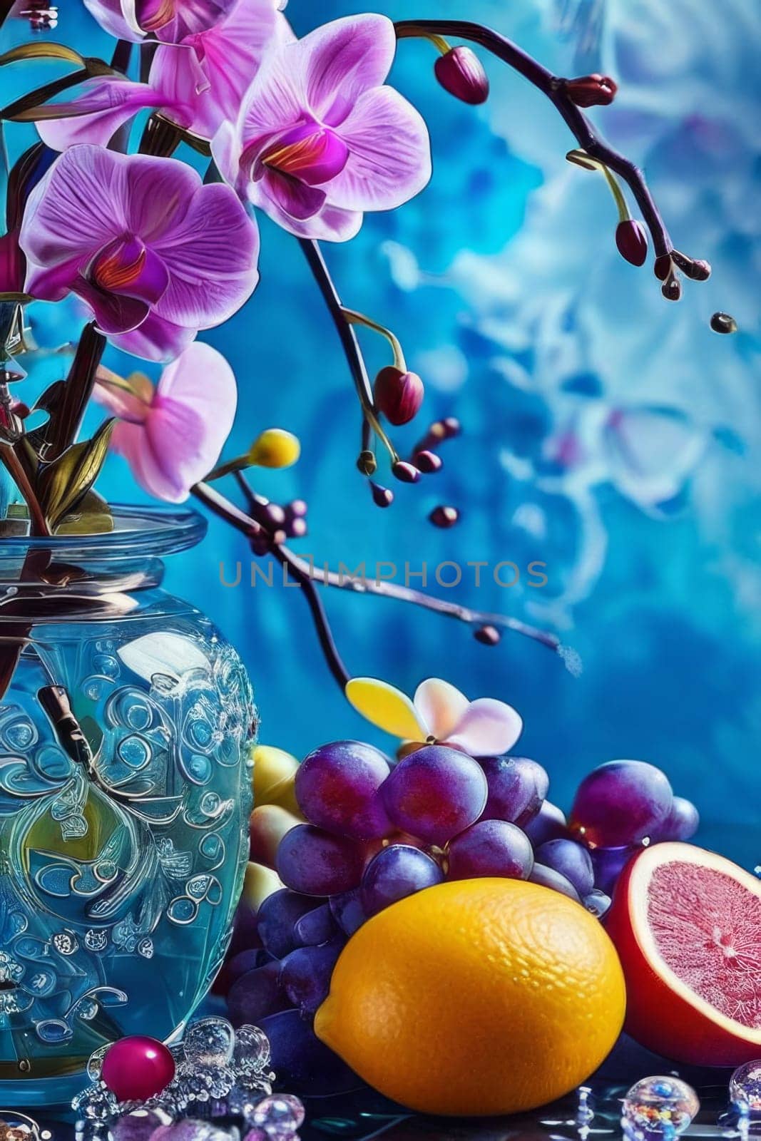 Purple orchid, crystal glass, ice, lemon, and colorful spheres. Modern and fresh design perfect for vibrant, eye-catching promotions