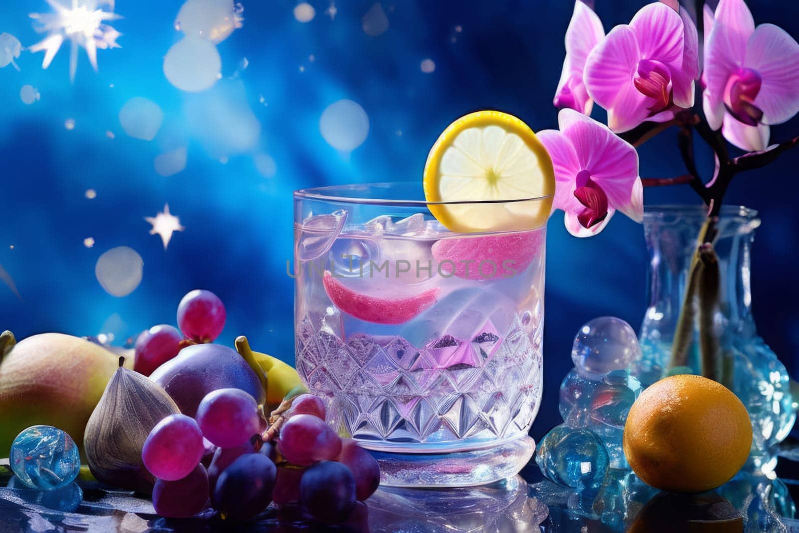 Purple orchid, crystal glass, ice, lemon, and colorful spheres. Modern and fresh design perfect for vibrant, eye-catching promotions