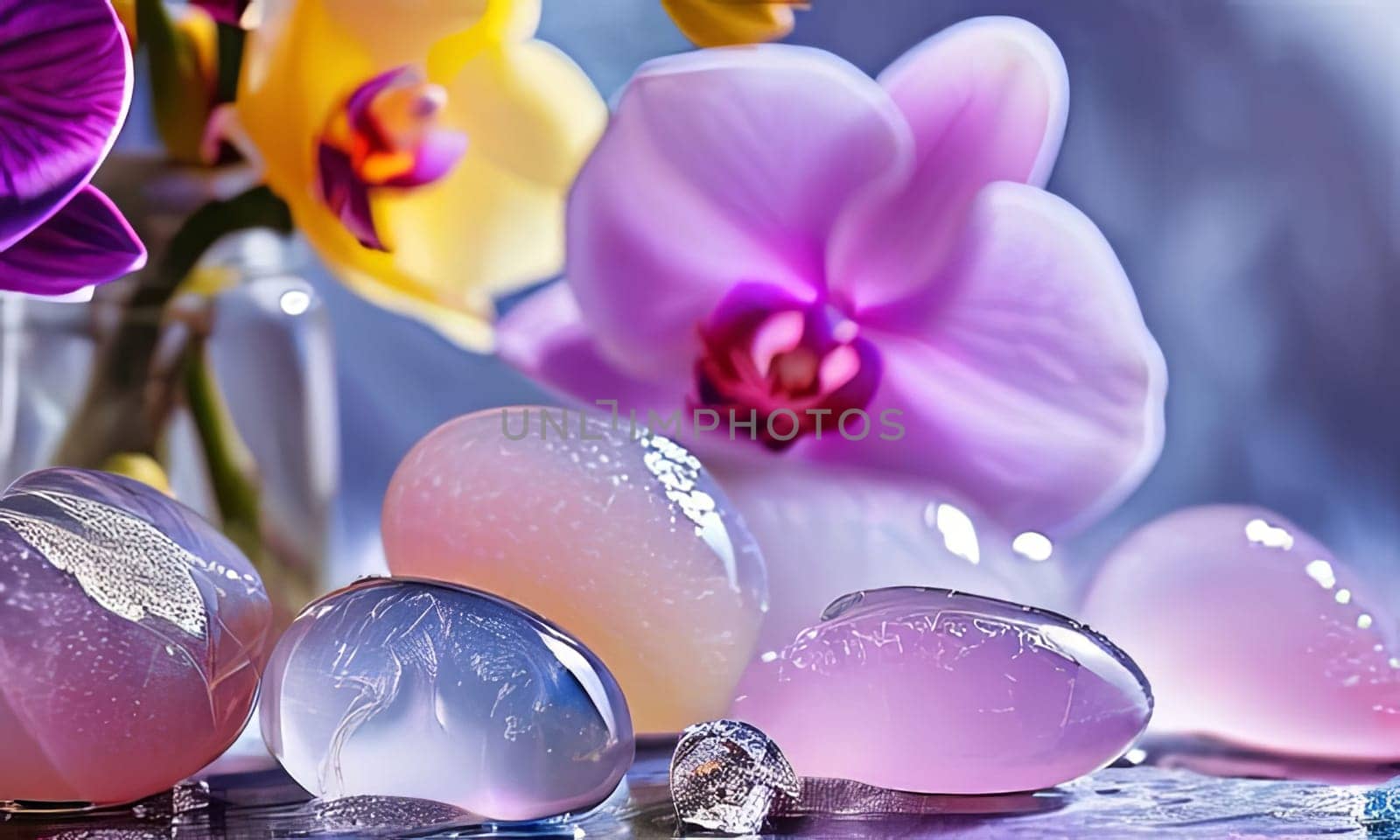 Elegant purple orchid with ice-filled glass, lemon, and vibrant spheres. Ideal for fresh, colorful compositions in beverage, wellness, or floral contexts