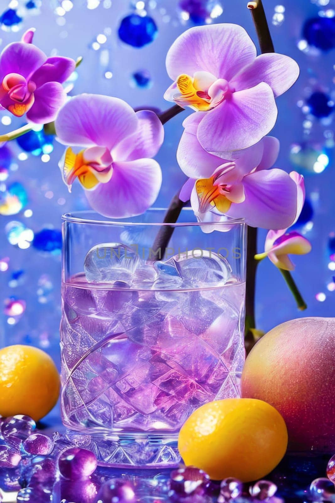 Elegant purple orchid with ice-filled glass, lemon, and vibrant spheres. Ideal for fresh, colorful compositions in beverage, wellness, or floral contexts