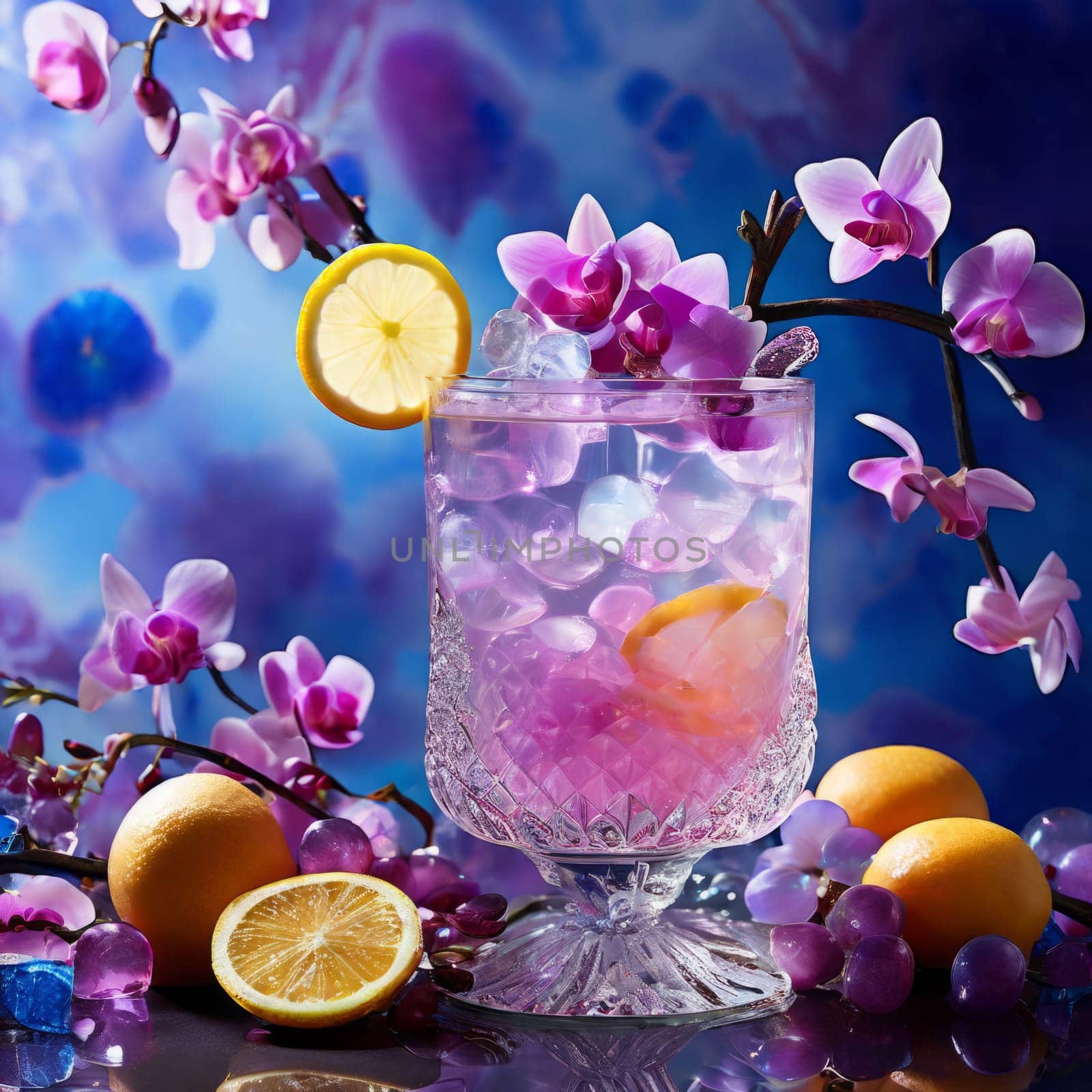 Vibrant composition featuring purple orchid, glass with ice cubes, yellow lemon, colorful spheres. Modern, fresh aesthetic ideal for beverage, wellness, floral themes. Bright, enticing colors