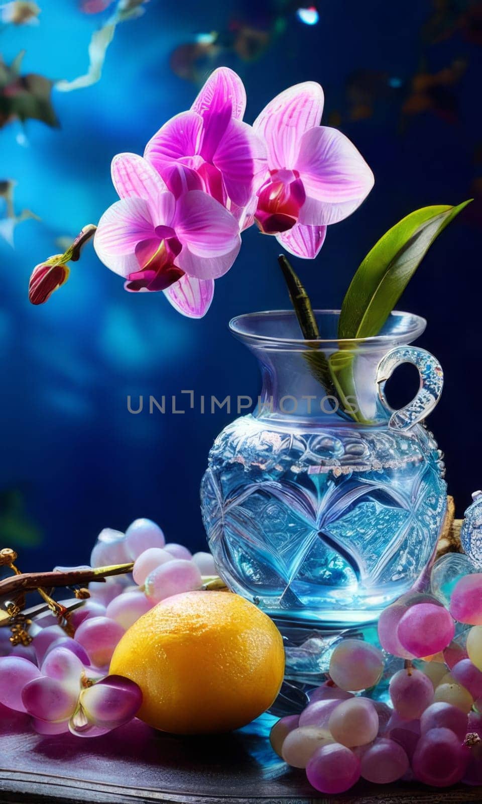Vibrant composition featuring purple orchid, glass with ice cubes, yellow lemon, colorful spheres. Modern, fresh aesthetic ideal for beverage, wellness, floral themes. Bright, enticing colors