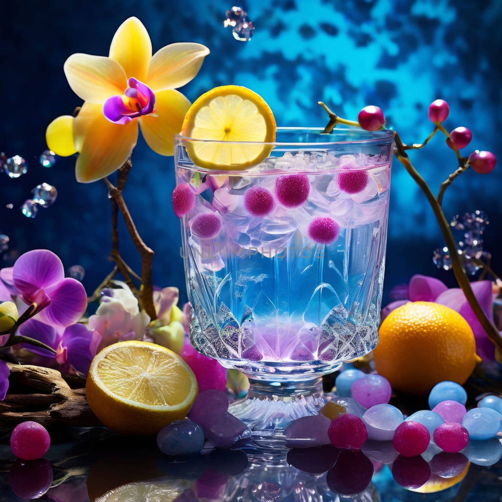 Vibrant composition featuring purple orchid, glass with ice cubes, yellow lemon, colorful spheres. Modern, fresh aesthetic ideal for beverage, wellness, floral themes. Bright, enticing colors