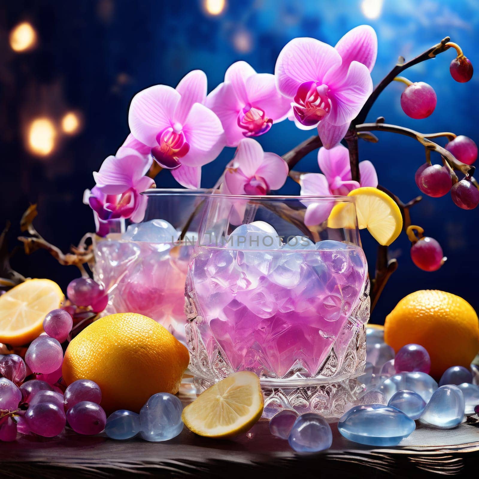 Vibrant composition featuring purple orchid, glass with ice cubes, yellow lemon, colorful spheres. Modern, fresh aesthetic ideal for beverage, wellness, floral themes. Bright, enticing colors