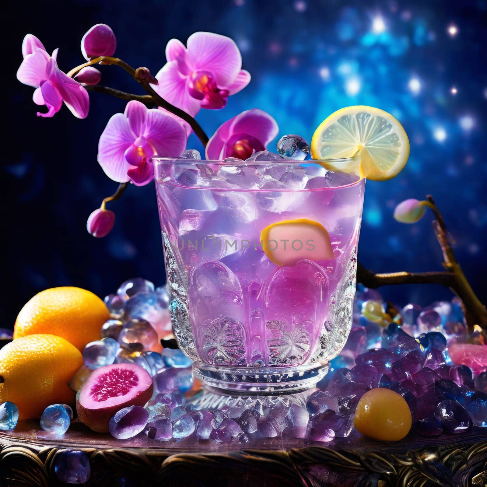 Vibrant composition featuring purple orchid, glass with ice cubes, yellow lemon, colorful spheres. Modern, fresh aesthetic ideal for beverage, wellness, floral themes. Bright, enticing colors