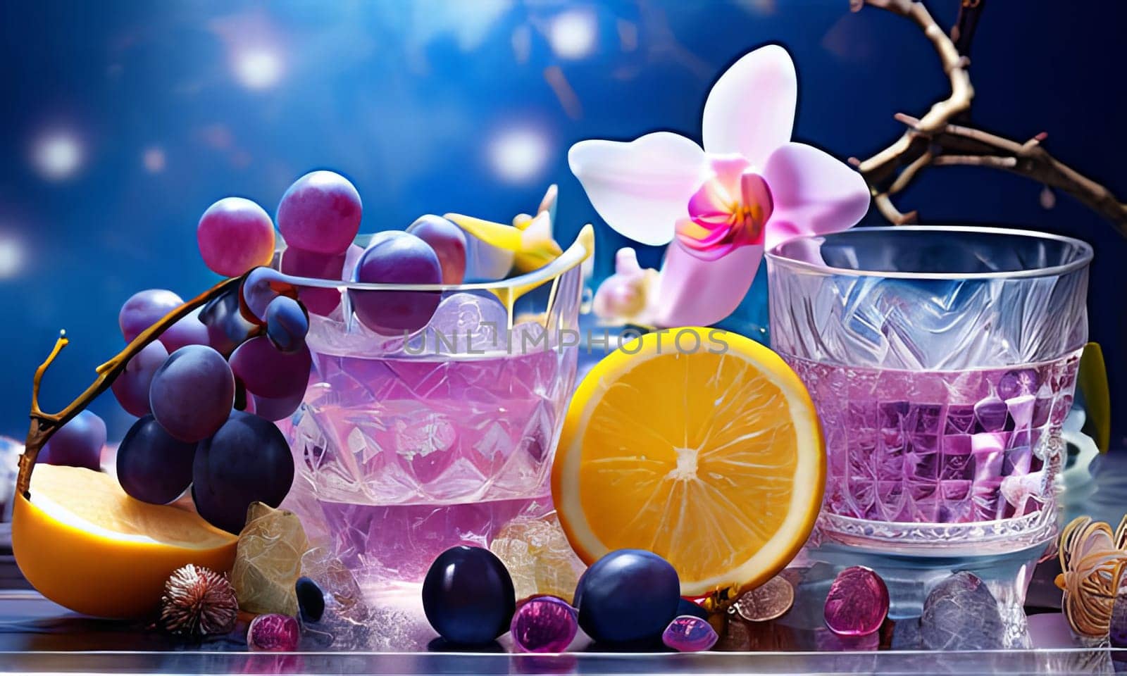 Vibrant composition featuring purple orchid, glass with ice cubes, yellow lemon, colorful spheres. Modern, fresh aesthetic ideal for beverage, wellness, floral themes. Bright, enticing colors