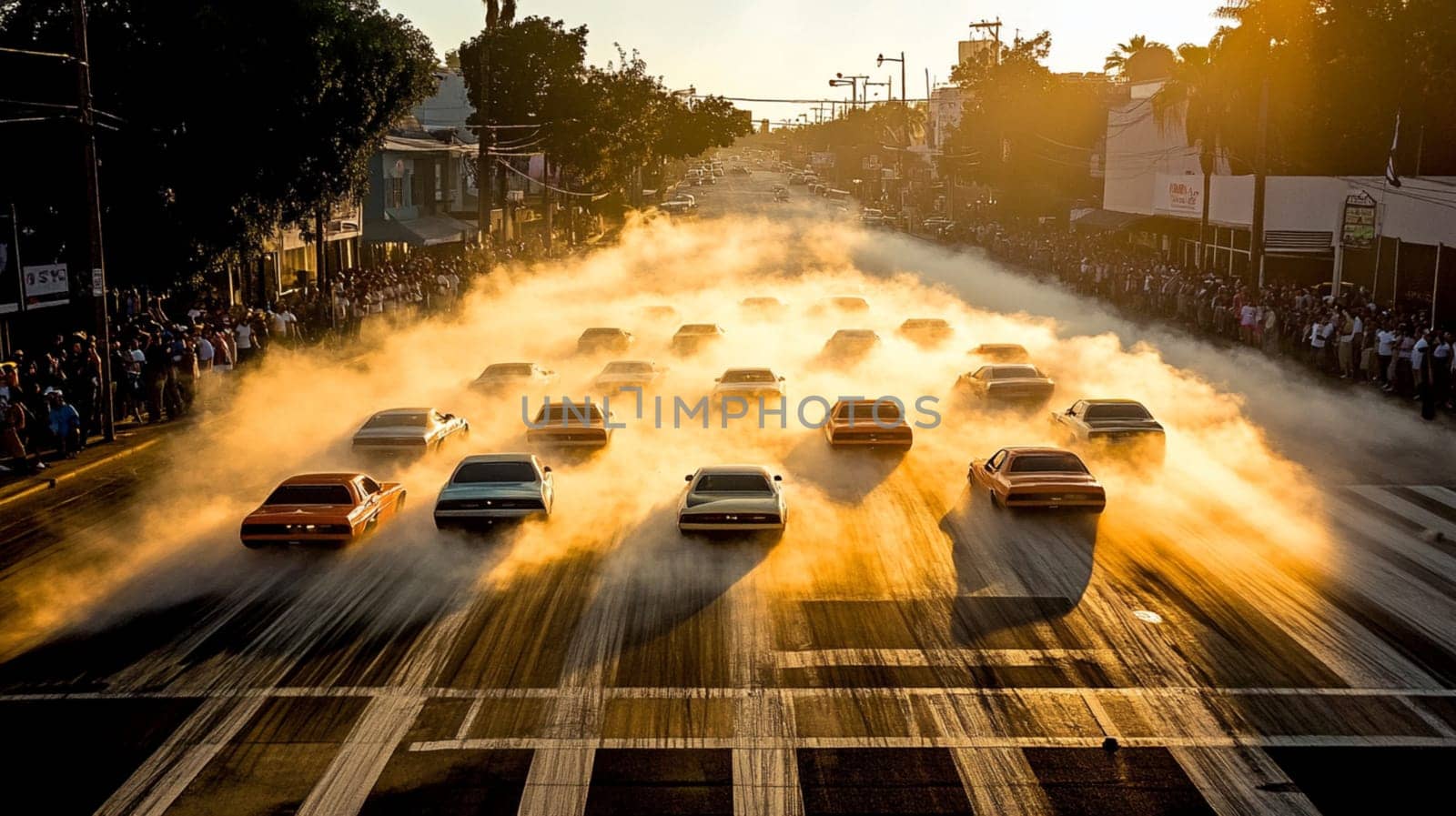 Powerful sports cars race through city streets at sunset, leaving a trail of smoke, thrilling spectators with high speed action