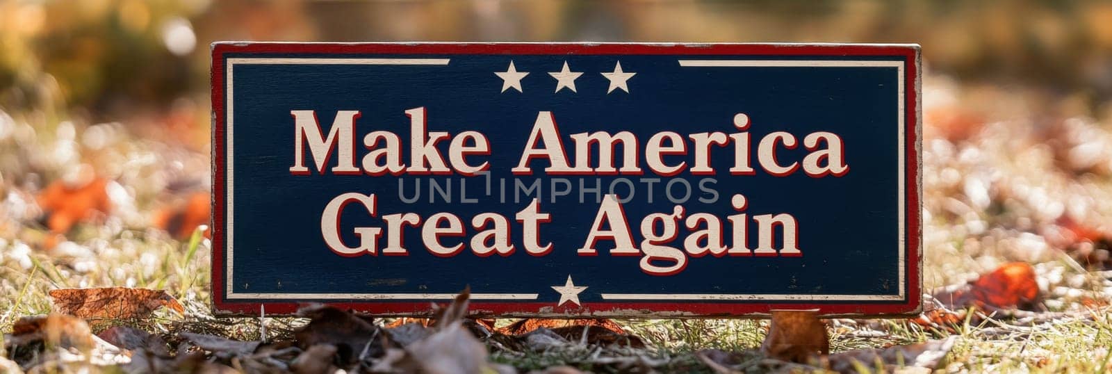 Weathered Make America Great Again Political Sign Surrounded by Grassy Leaves in Rural Setting.