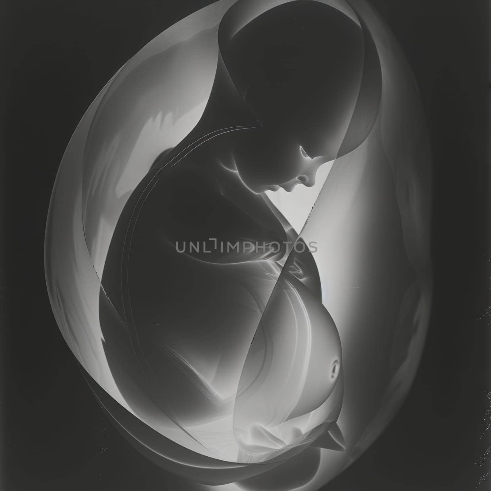 Detailed Black and White Ultrasound Image of a Fetus in the Womb Captured in Fetal Position.