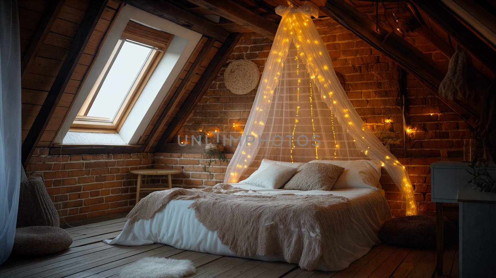 A charming attic bedroom features a comfortable bed draped with soft linens, surrounded by warm fairy lights and rustic wooden decor, creating a serene evening ambiance - Generative AI