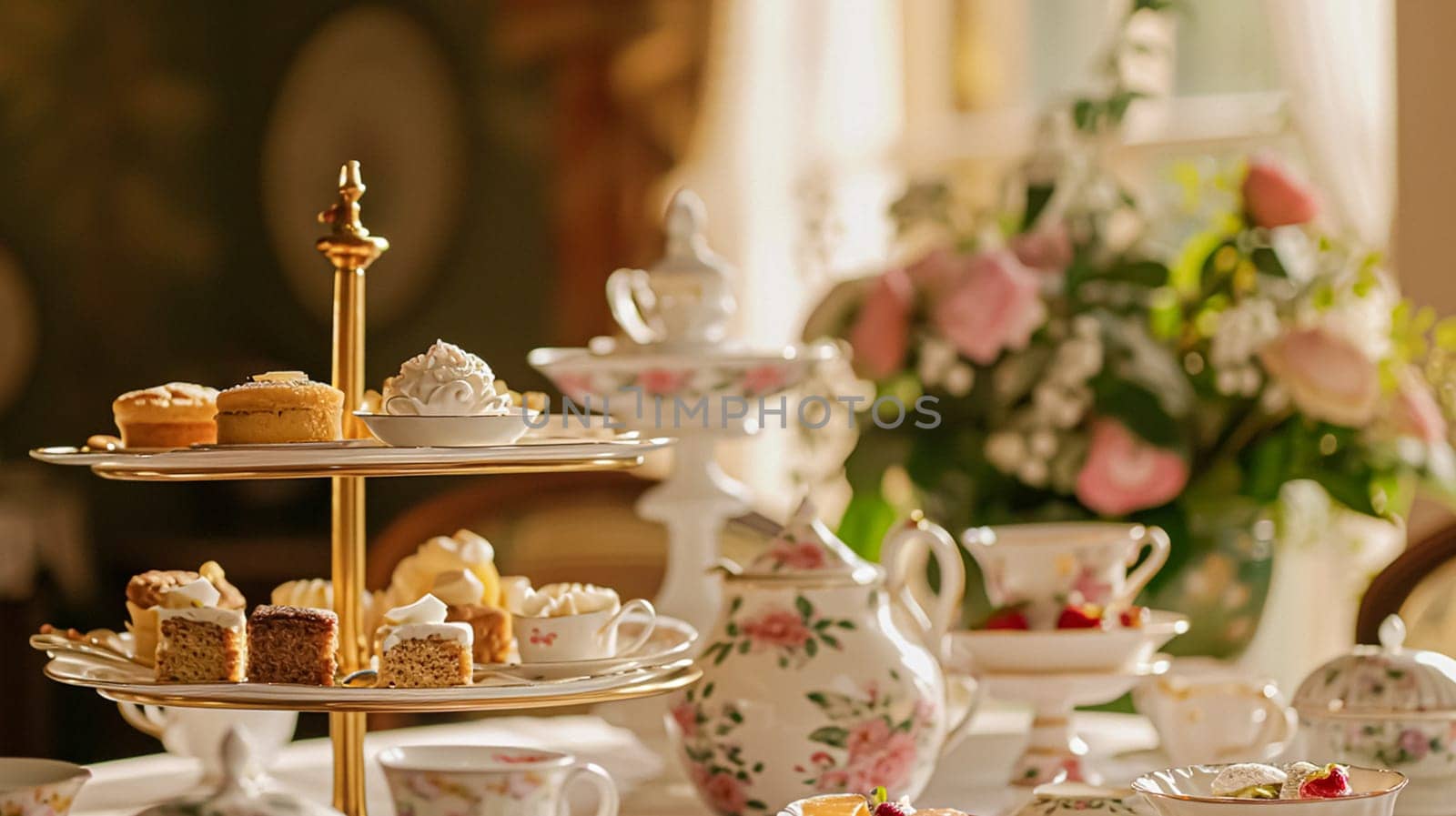Elegant table setting for tea party with cakes and cupcakes in English manor. Selective focus. Vintage style