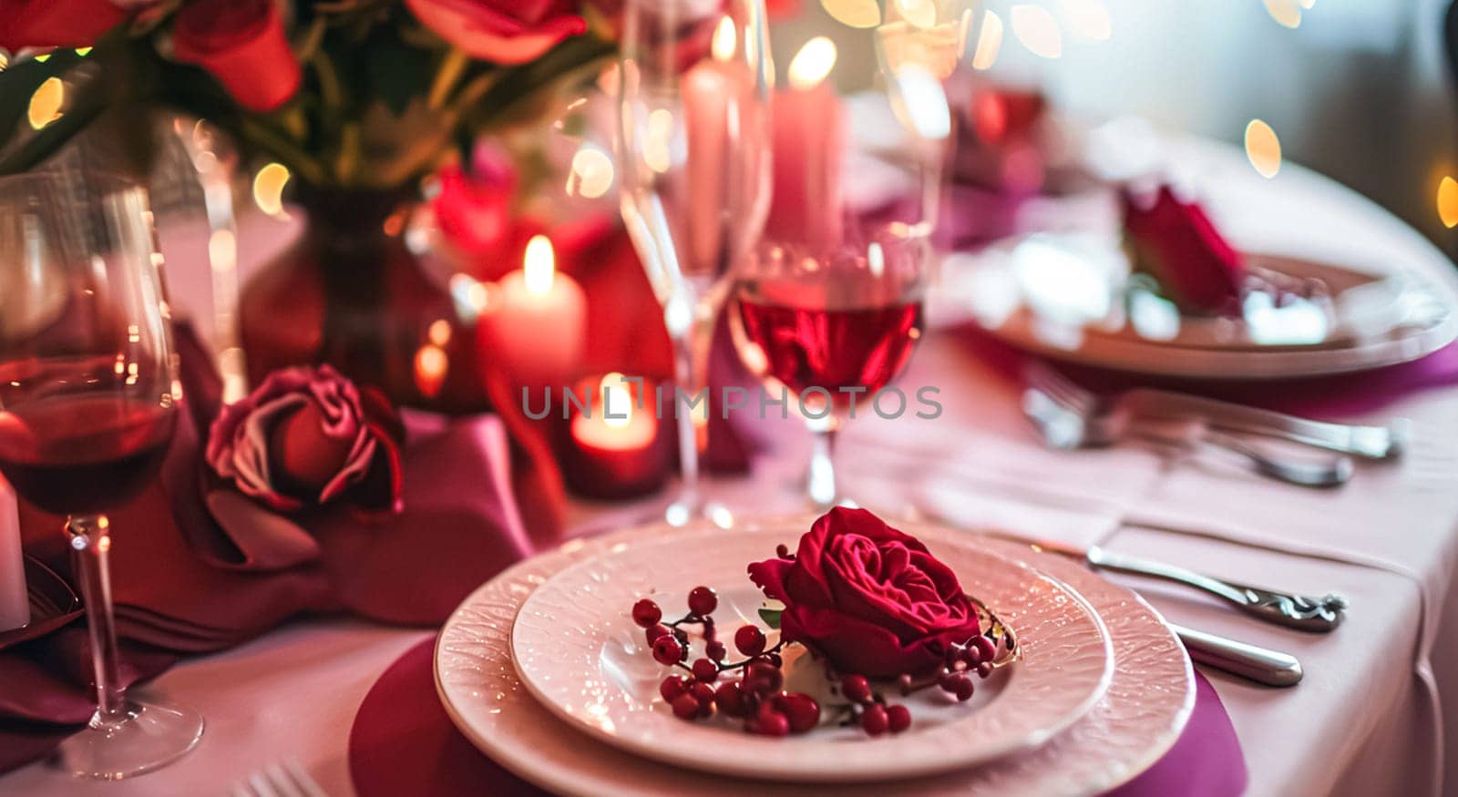 Festive table setting with candles and arrangement of beautiful red flowers. Holiday concept. High quality photo