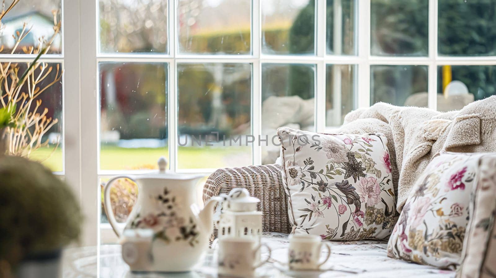 Colorful pillows on sofa against glass wall of window in a winter garden or conservatory. Interior textile concept. High quality photo
