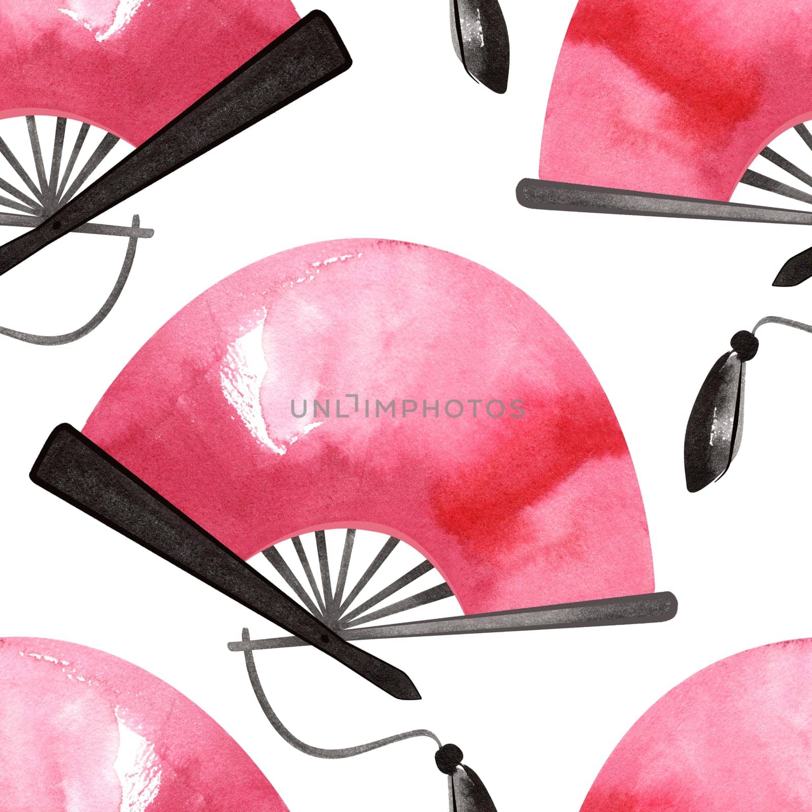 Pink Japanese fan with black tassel. Watercolor seamless pattern for wrapping paper or textile