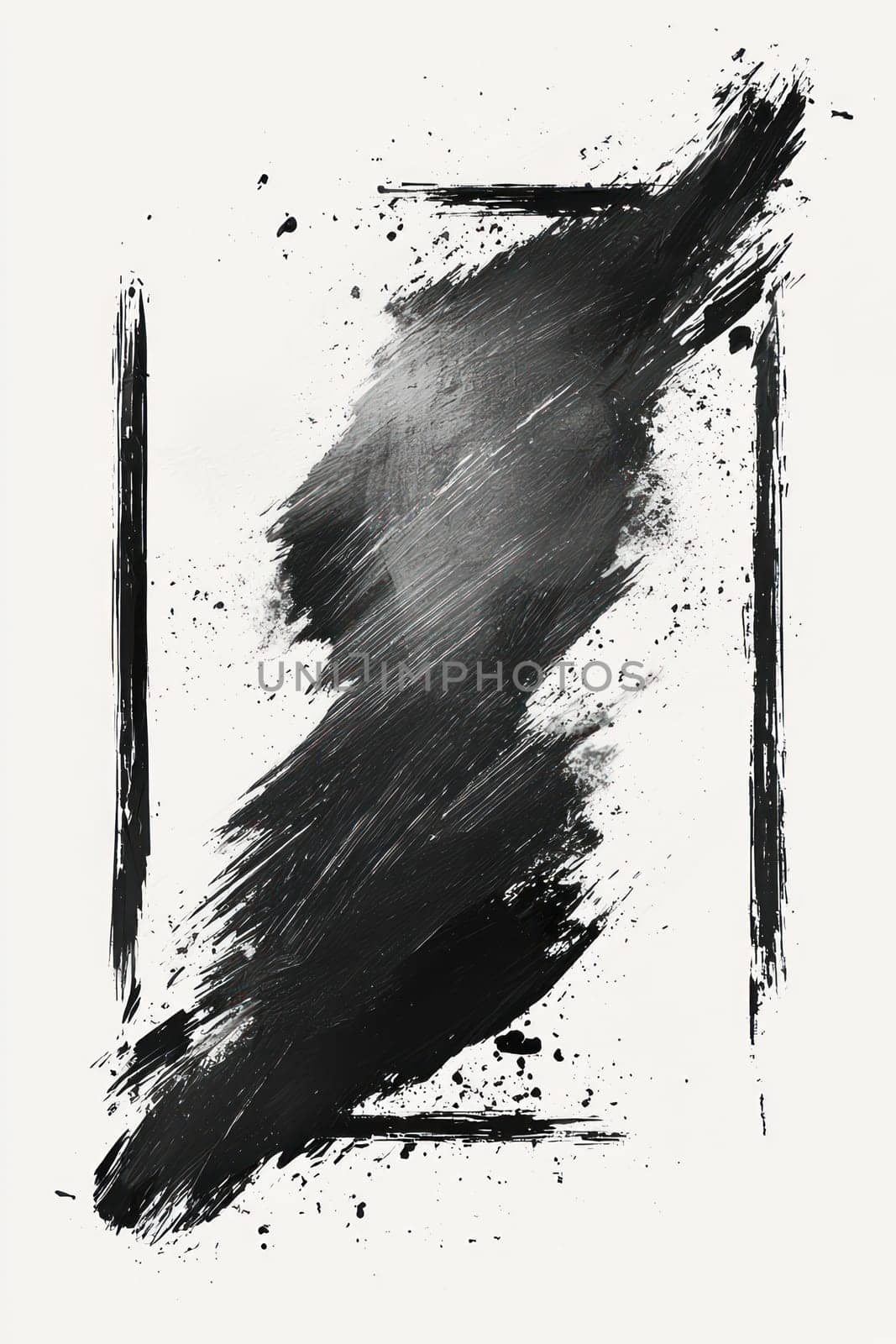 An Abstract black brush strokes create striking frame on white background, evoking creativity and artistic expression