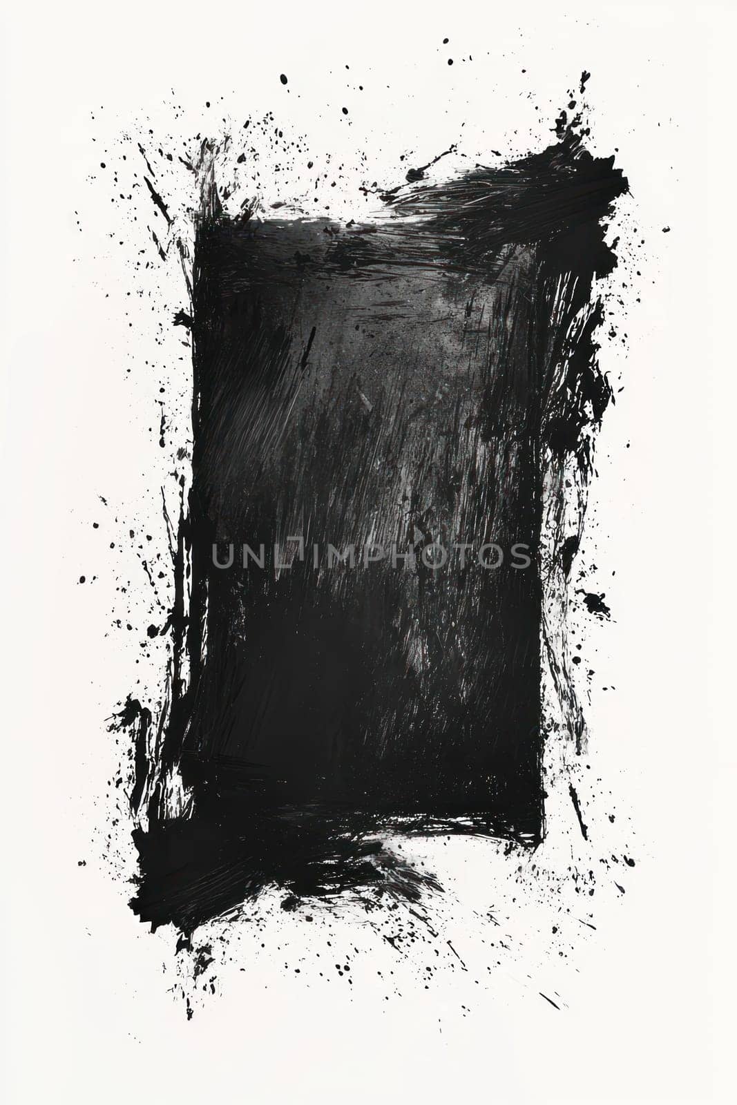 A bold black frame with dynamic brush strokes and splatters on white background evokes strong emotions