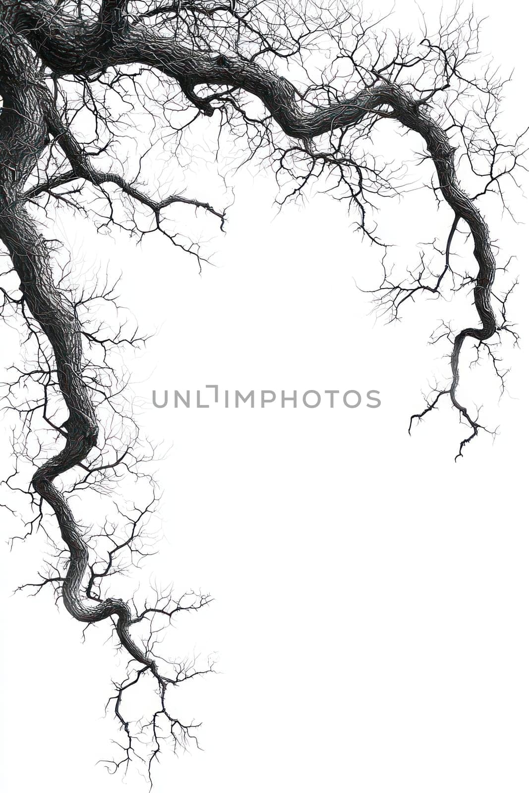 A detailed black and white depiction of intricate tree branches, showcasing organic lines and textures, creating striking contrast against blank