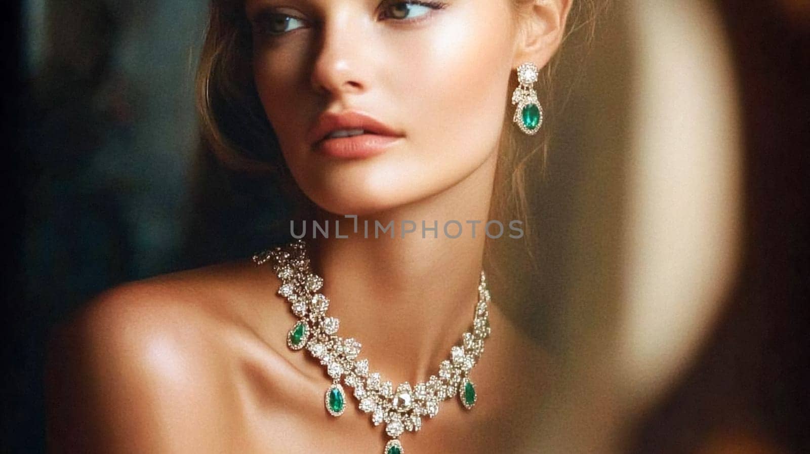 Glamorous woman adorned with emerald and diamond jewellery, emeralds and diamonds gems, exuding elegance and luxury idea