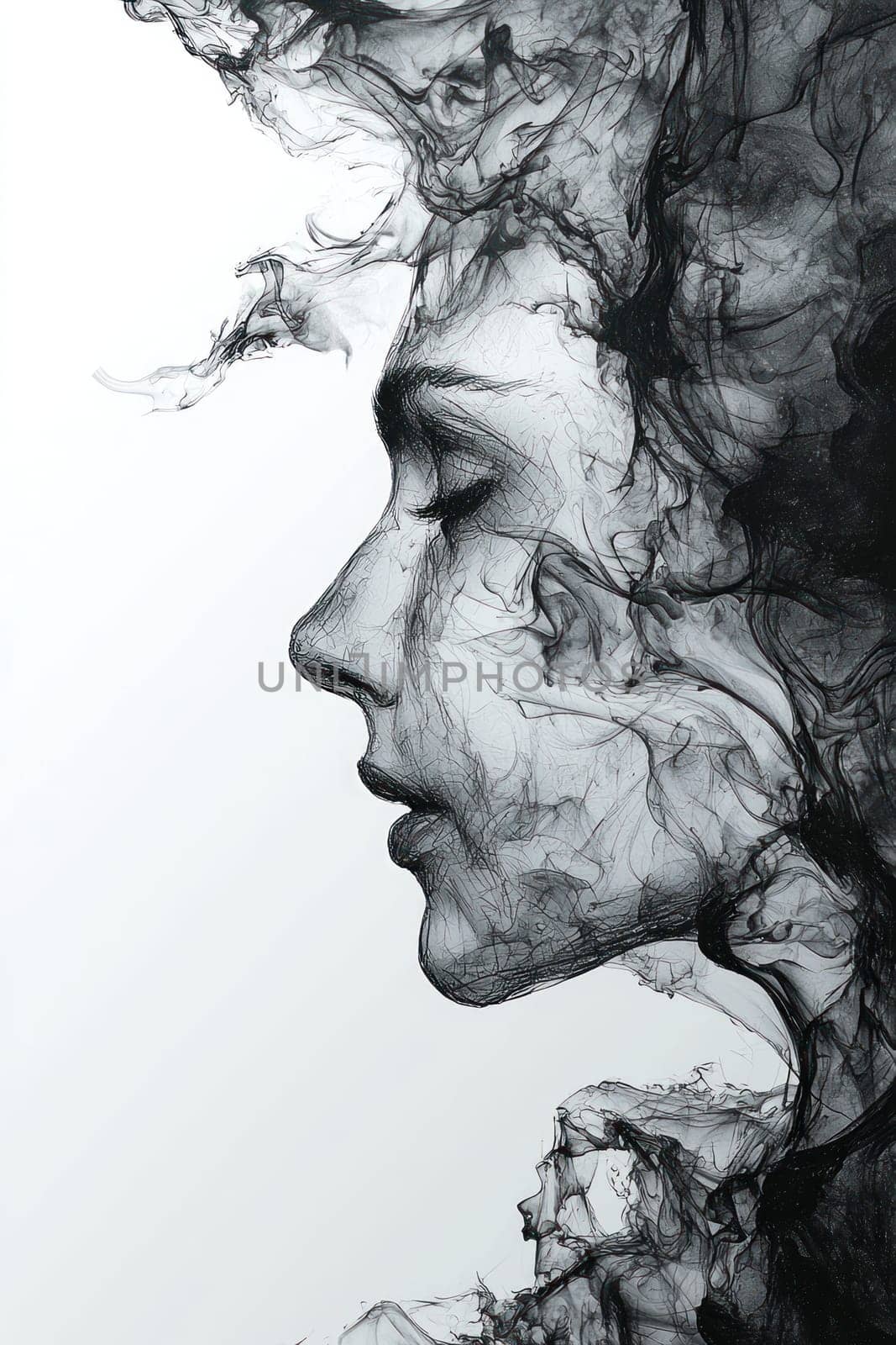 A captivating silhouette of woman profile, formed by swirling black smoke, creating ethereal and artistic effect