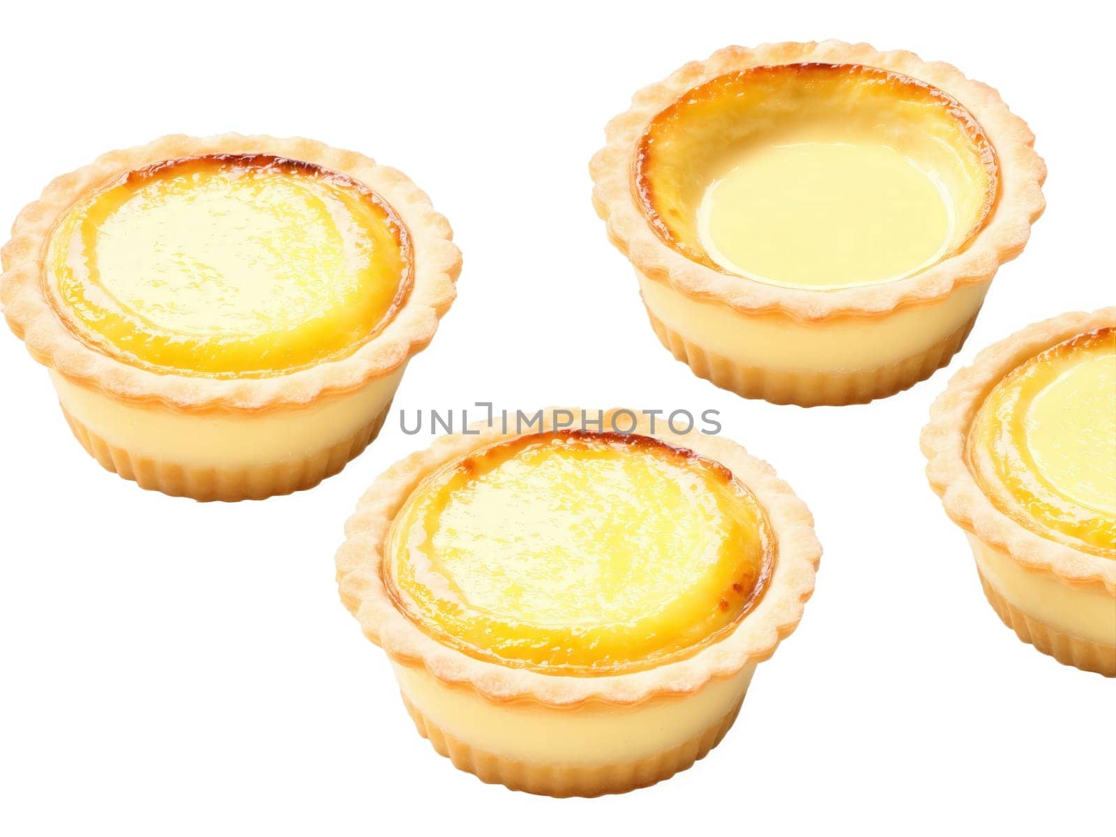 Pastel de Nata, Portuguese egg custard tart, close-up of flaky crust and creamy filling, floating and stacked..