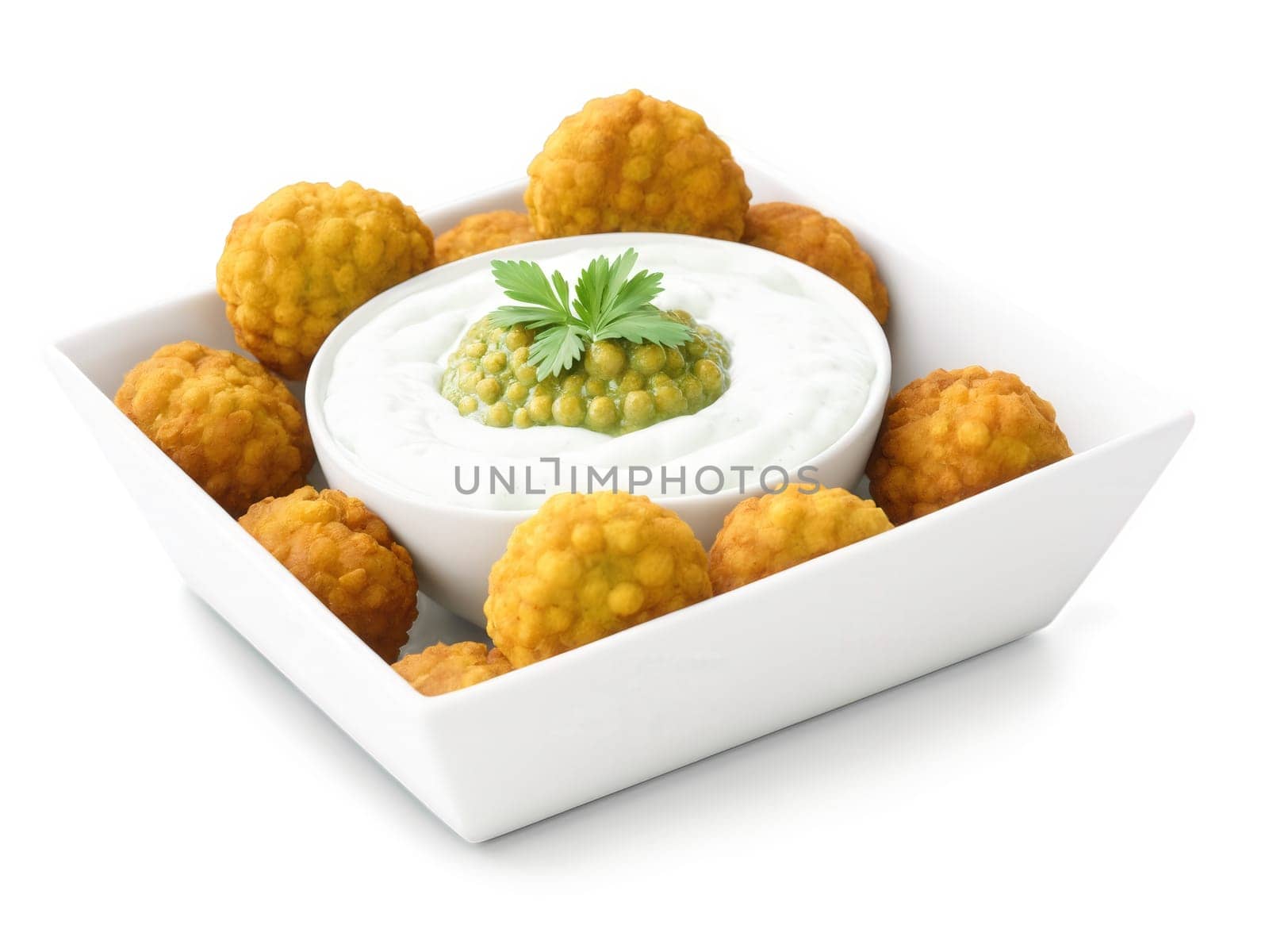 Falafel Israel Crispy golden chickpea fritters next to bright green herb chutney, white yogurt sauce drizzled over in ceramic bowl,..