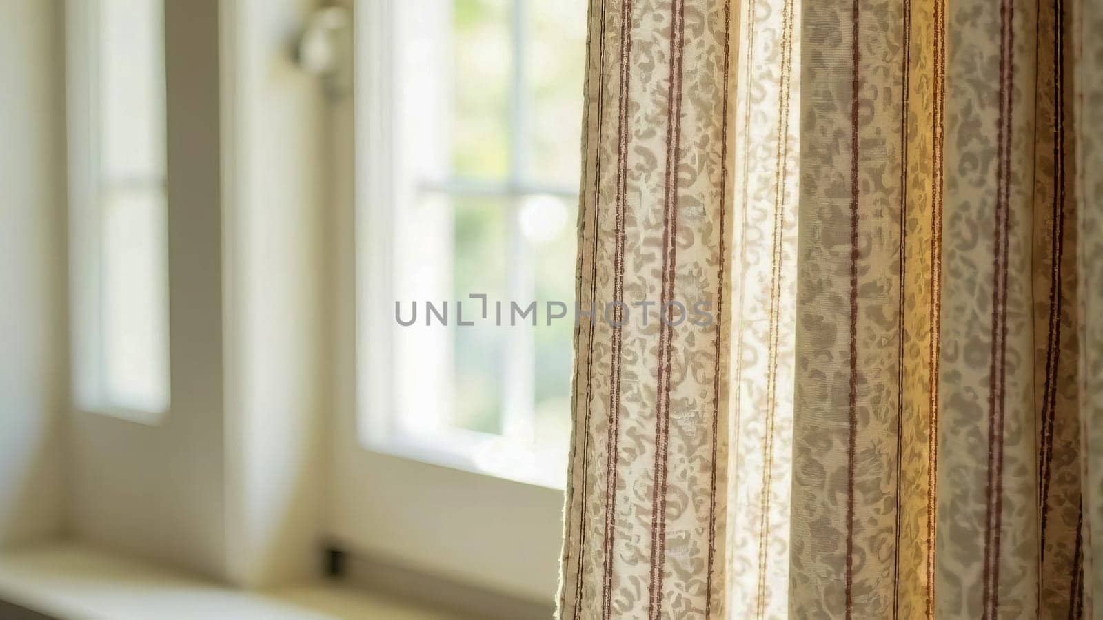 A bright window with curtains reveals a tranquil view. It embodies a serene and cozy home environment.