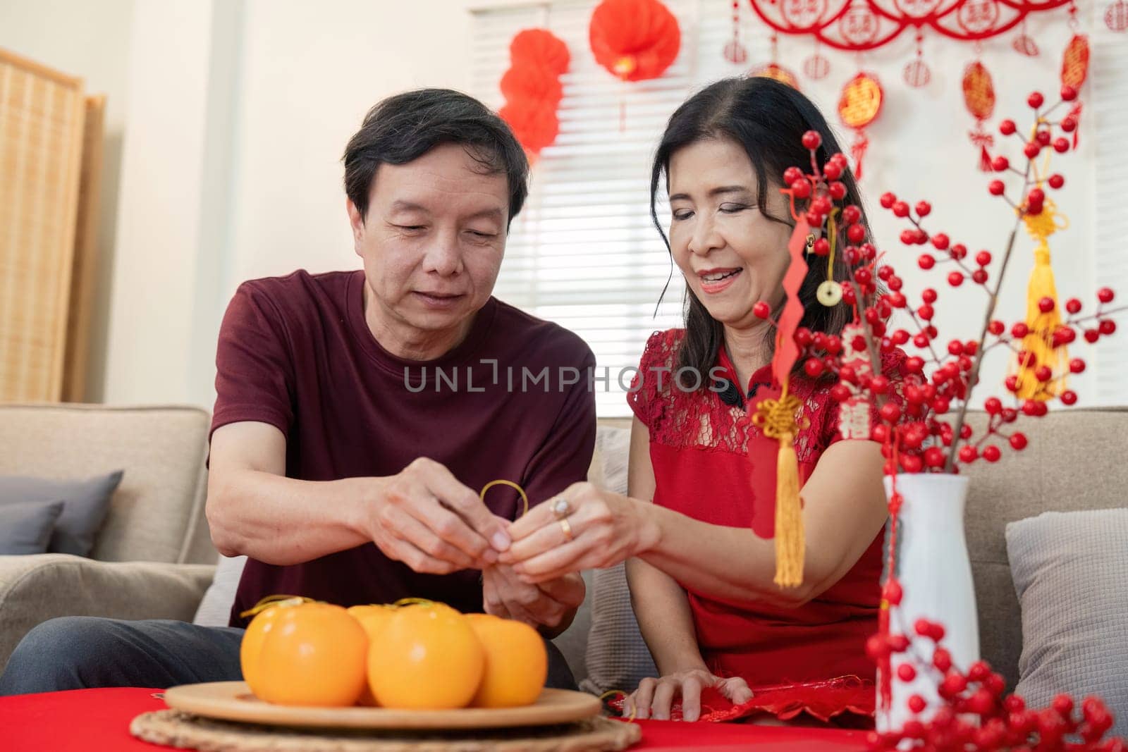 An elderly couple joyfully prepares for Chinese New Year surrounded by festive decorations and traditional symbols of prosperity.