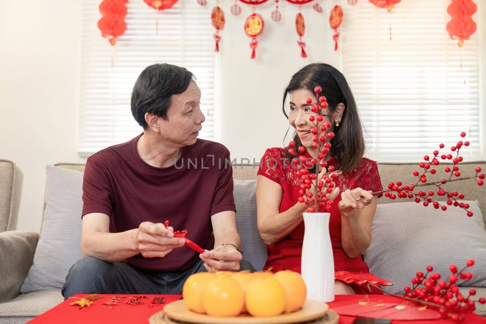 An elderly couple joyfully decorates their home for Chinese New Year symbolizing love and tradition in a festive atmosphere.