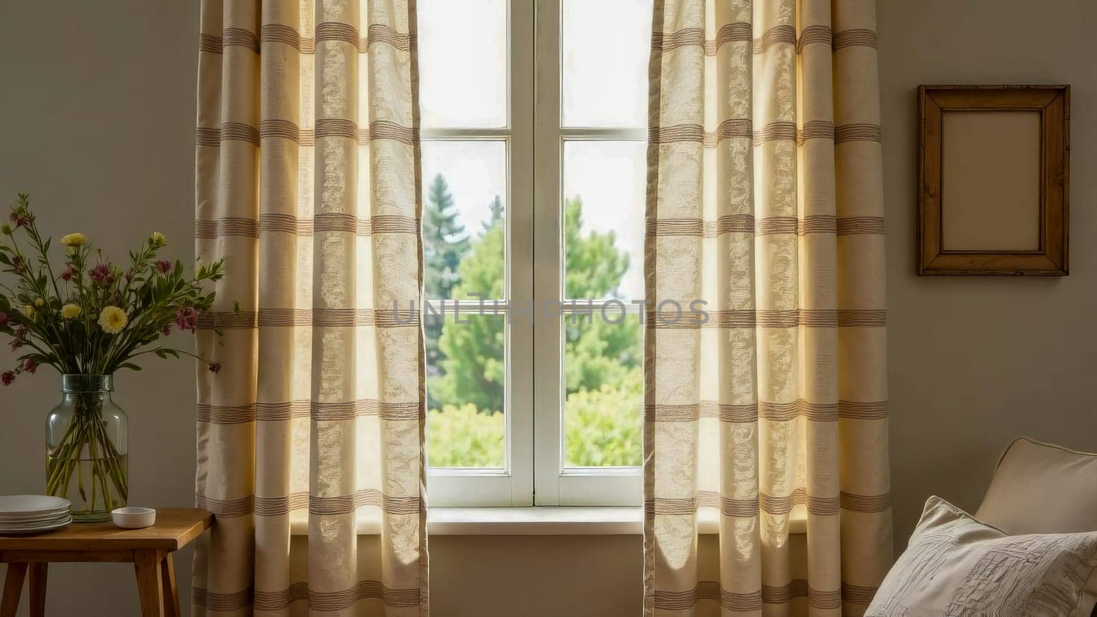 A bright window with curtains reveals a tranquil view. A serene and cozy home environment.