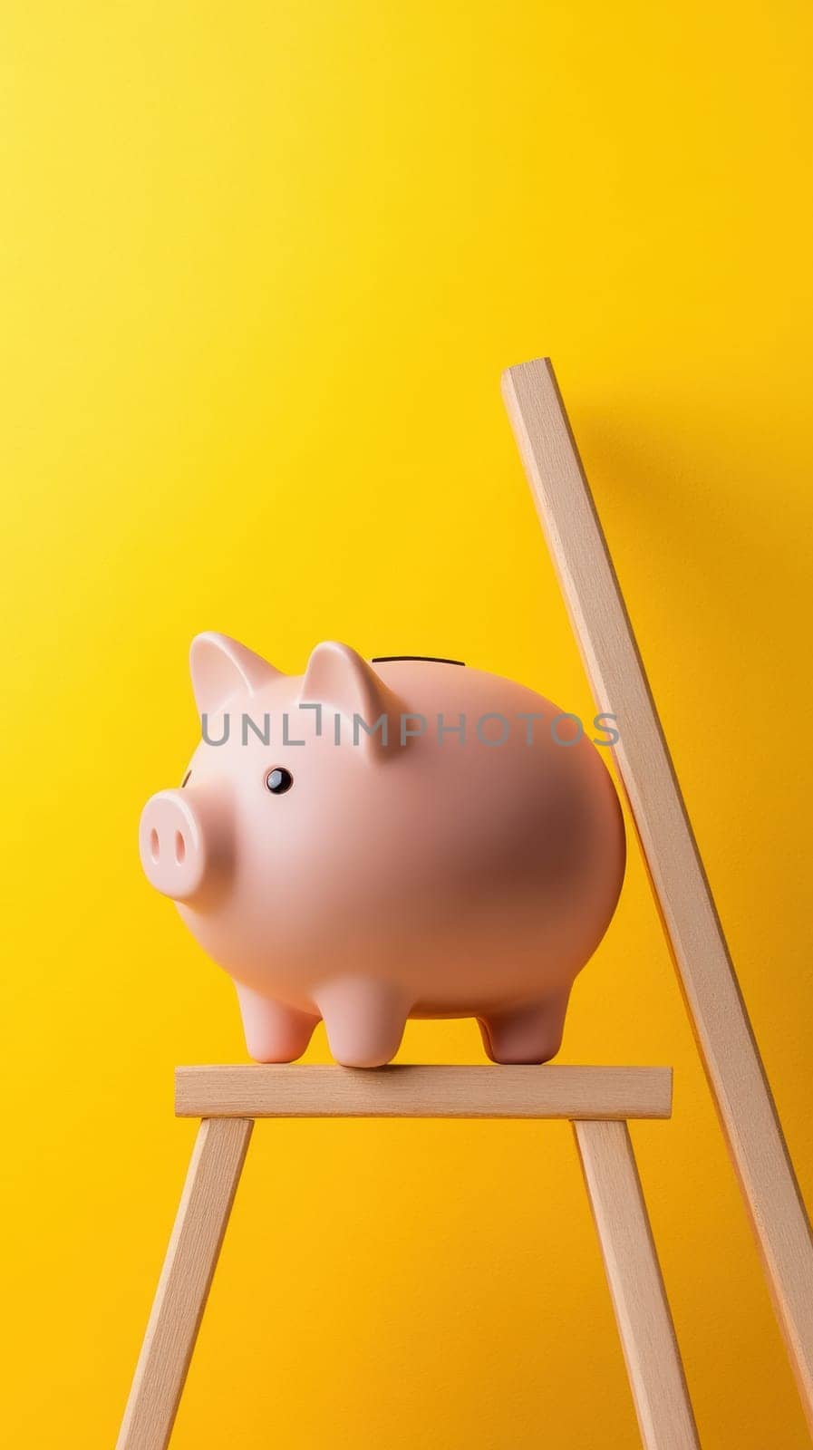 A pink piggy bank sits on a wooden stool, set against a bright yellow backdrop. This image represents financial savings, budgeting, and economic planning, ideal for financial concepts and advertising