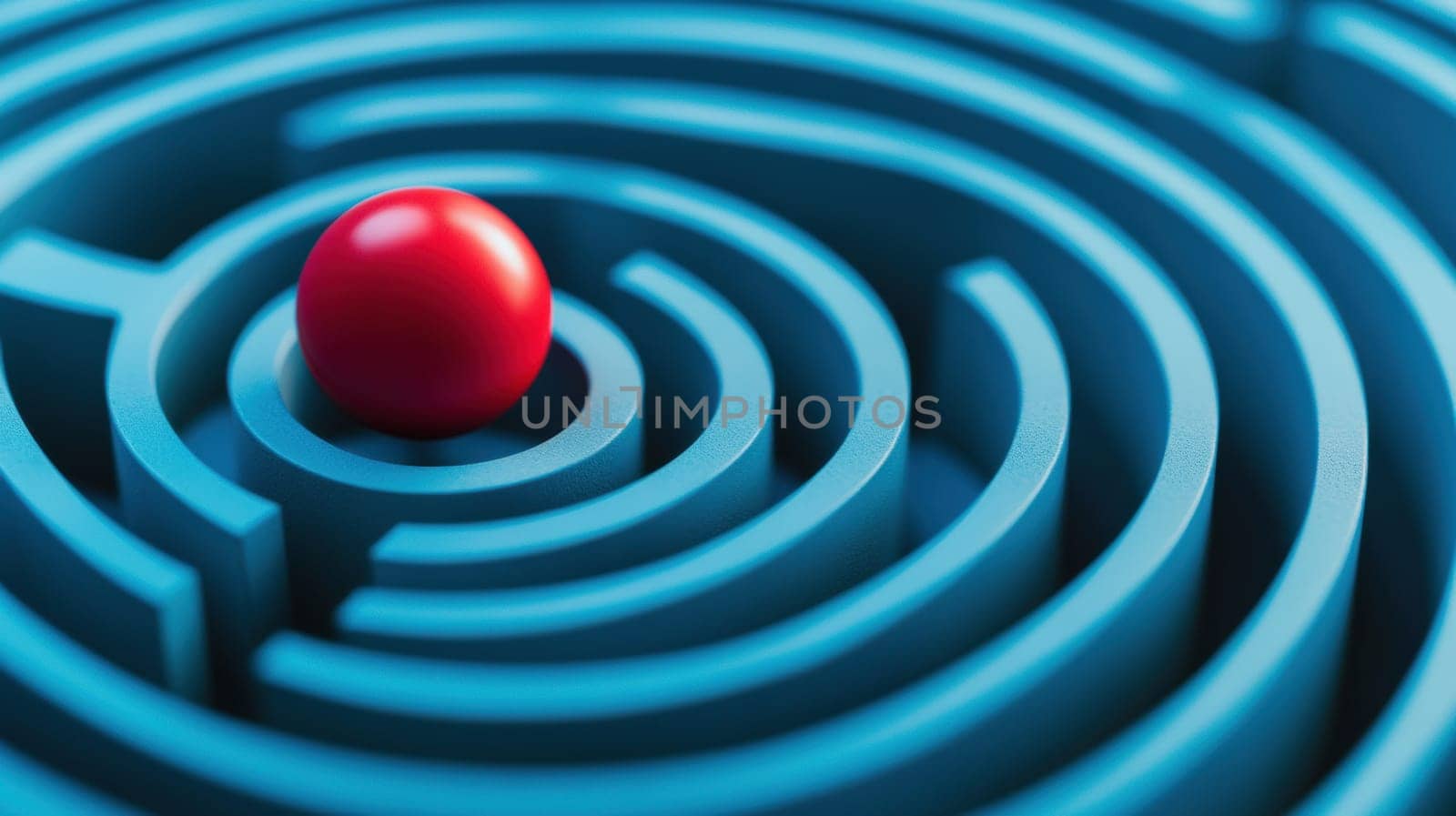 A red sphere sits at the center of a blue circular maze, representing focus and strategy. The image conveys themes of problem-solving, decision-making, and navigating challenges in a complex environment