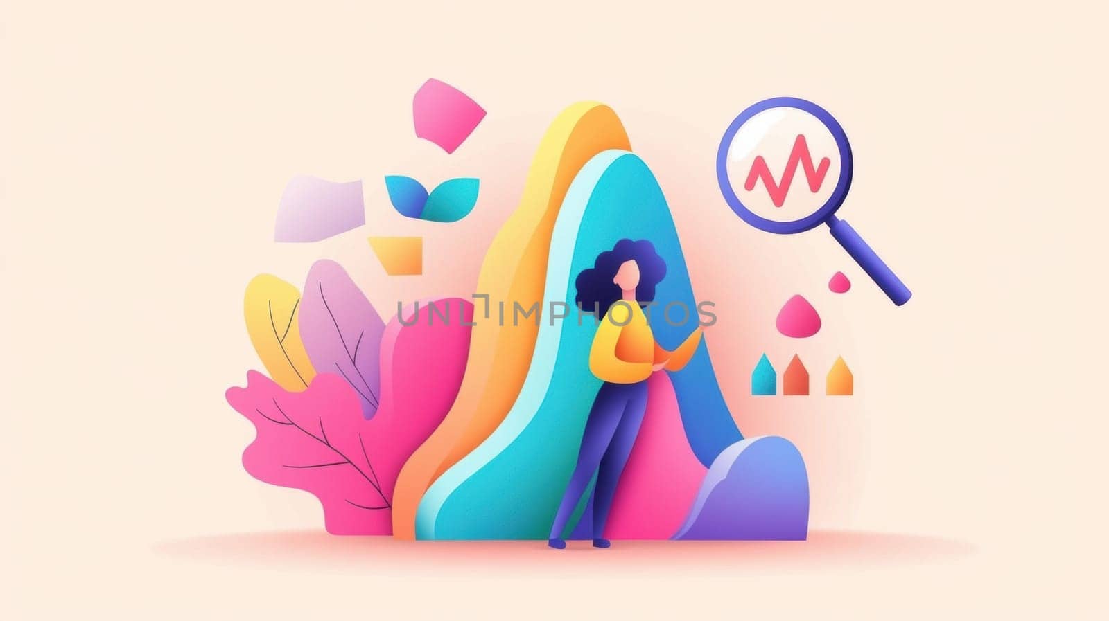 A vibrant illustration featuring a woman analyzing data with a magnifying glass. The scene includes abstract shapes and colorful elements, symbolizing creativity and data analysis
