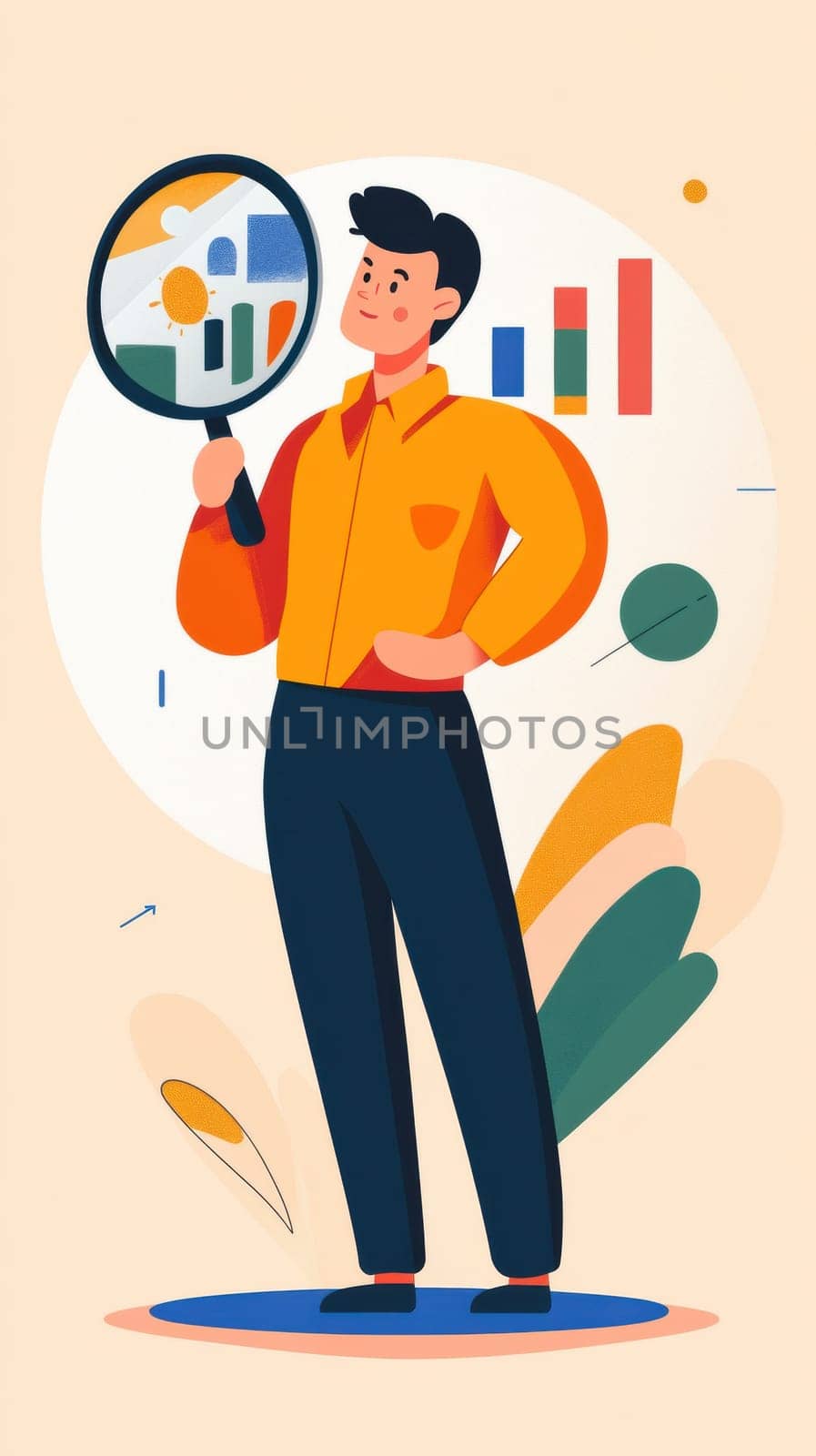 Illustration of a young Asian man holding a magnifying glass, examining data with colorful charts and graphs in the background. Represents data analysis, business insights, and research