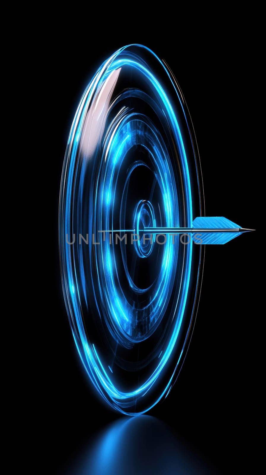 A futuristic target glows with blue neon lights against a black background, symbolizing precision and success. An arrow is perfectly centered, representing achievement and focus