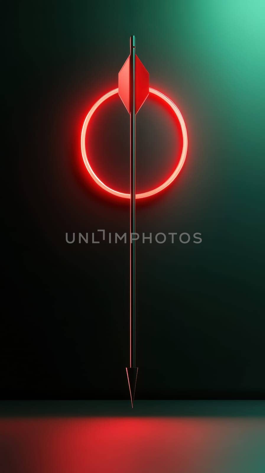 A sleek arrow stands vertically, intersecting a glowing neon red circle against a dark backdrop. The minimalist design and vibrant colors evoke a modern, futuristic aesthetic, ideal for tech-themed projects