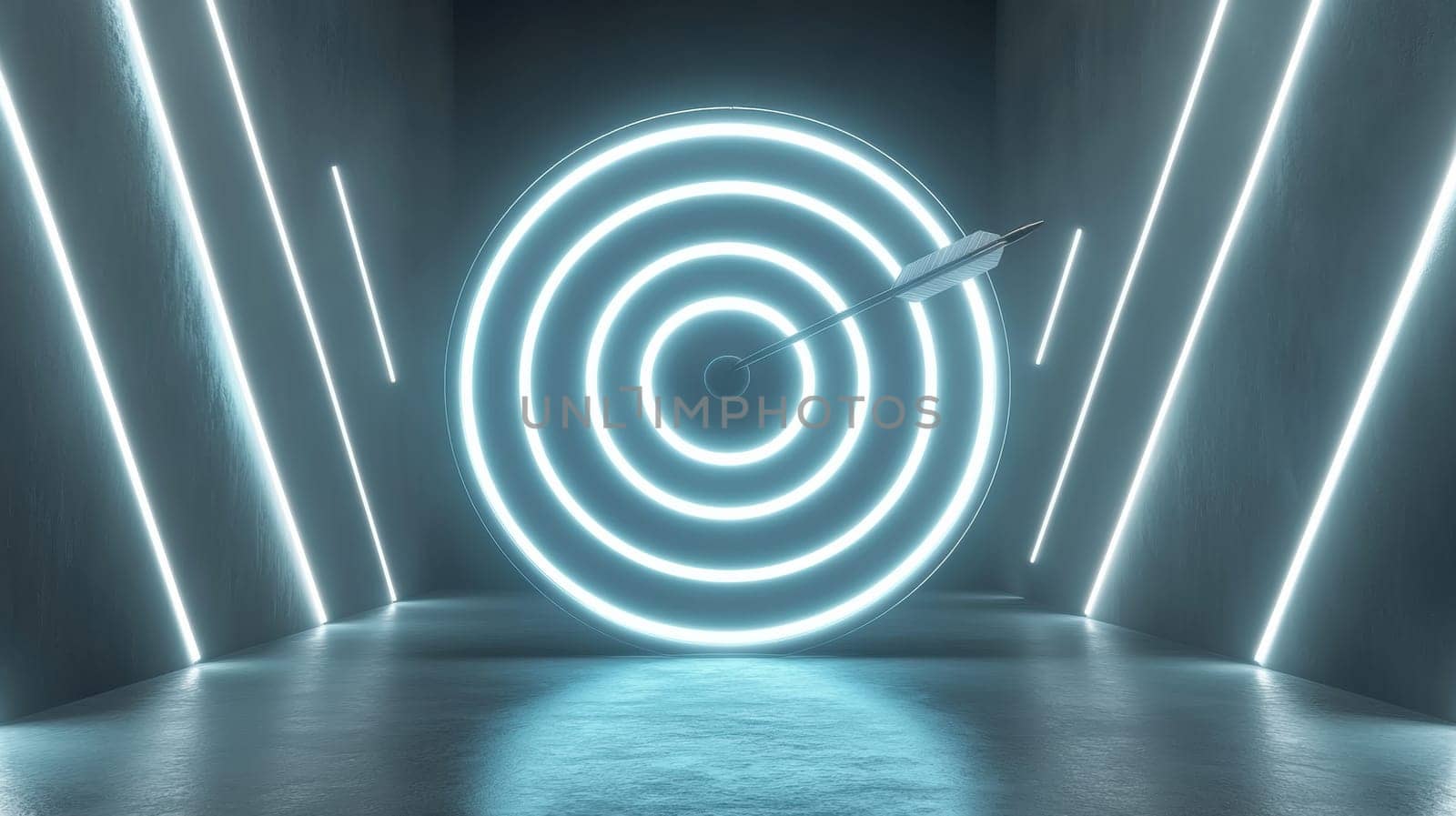 A glowing target with concentric neon rings and a dart in a futuristic setting symbolizes precision and accuracy. The modern design and lighting create a high-tech, focused atmosphere