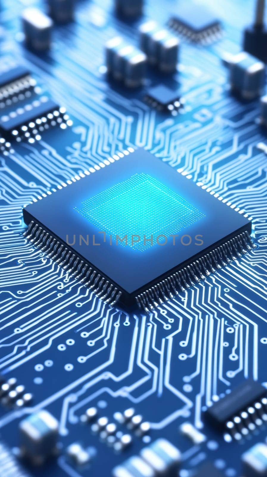 Close-up of a silicon microchip on a blue circuit board, showcasing the complexity and precision of modern technology. Ideal for illustrating concepts in electronics, computing, and innovation