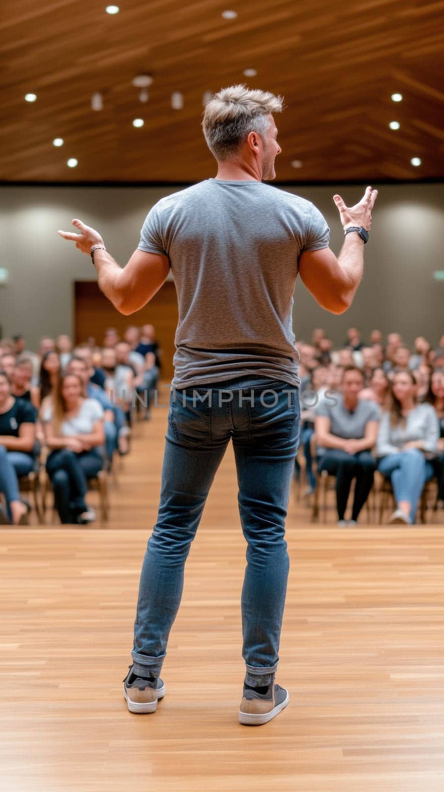 A Caucasian man in casual clothing engages a diverse audience in a modern auditorium. The setting suggests a seminar or conference, with attendees seated attentively, highlighting communication and public speaking
