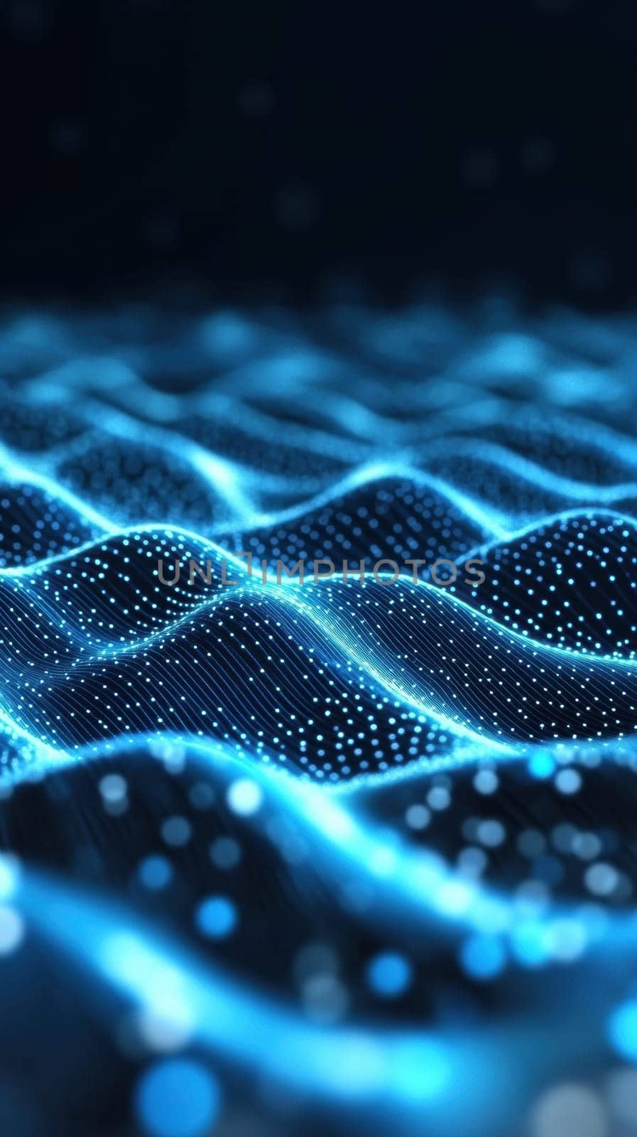 A dynamic digital landscape with glowing blue particles forming wave patterns. This abstract representation is ideal for technology, innovation, and digital transformation themes