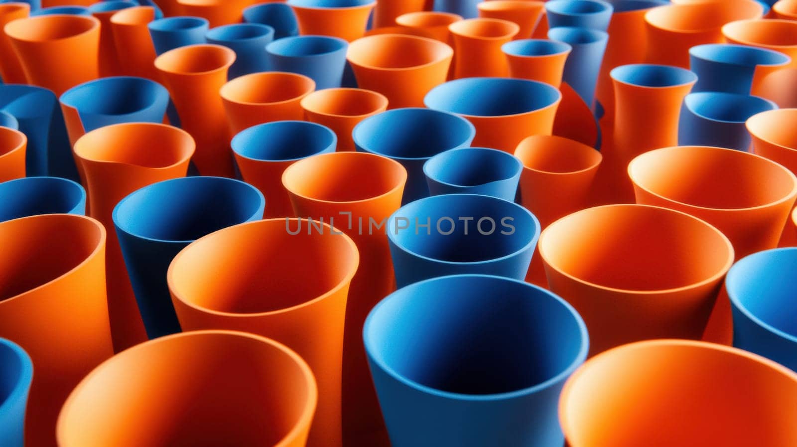 A dynamic display of orange and blue plastic cups forms an eye-catching abstract pattern. The vivid colors and repetitive arrangement make it ideal for backgrounds, design projects, or creative concepts