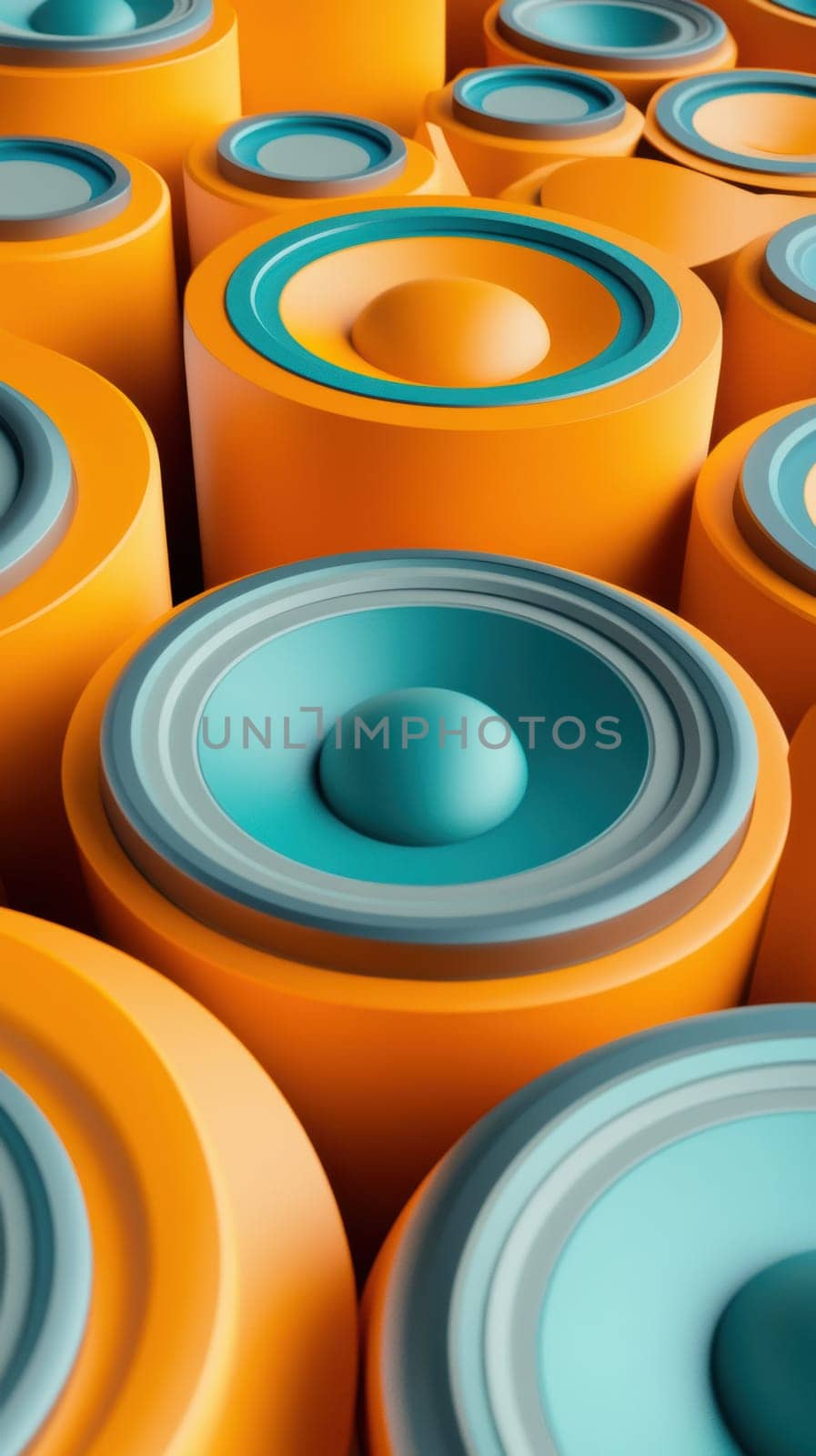 A collection of orange and teal cylindrical speakers creates a visually striking abstract pattern. The vibrant colors and geometric shapes convey a sense of modernity and innovation, ideal for tech-related themes
