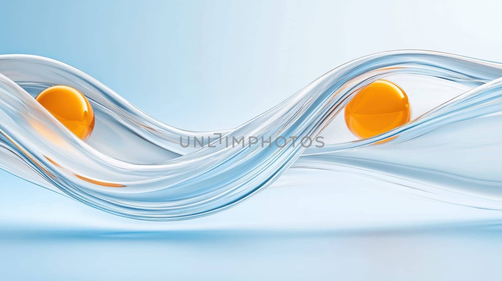A modern abstract design featuring two vibrant orange spheres enveloped by smooth, transparent waves. The dynamic movement and contrasting colors create a sense of fluidity and innovation