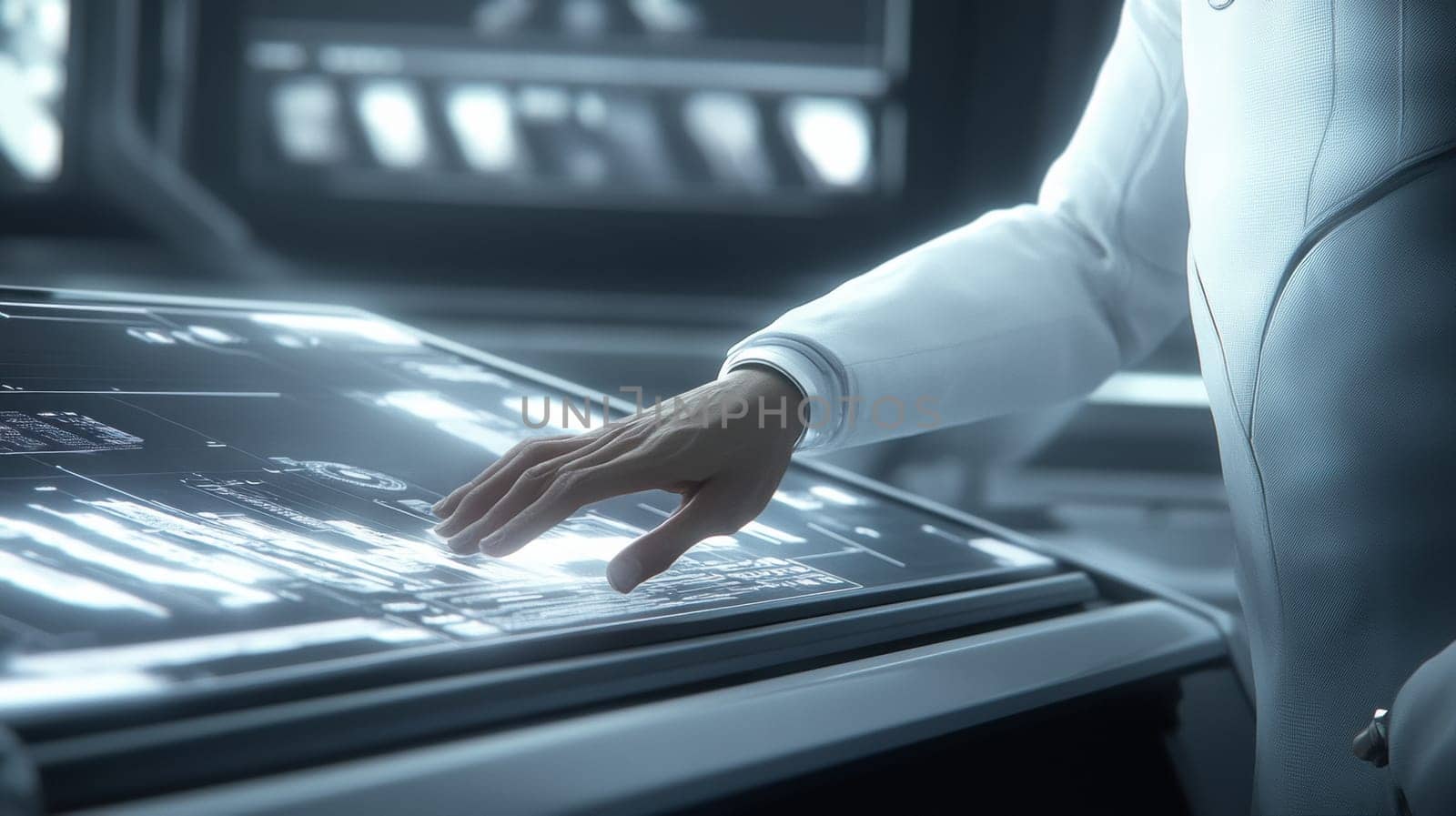 A close-up of a hand engaging with a high-tech digital interface, showcasing advanced technology and innovation. The scene suggests a modern, sleek environment focused on digital interaction