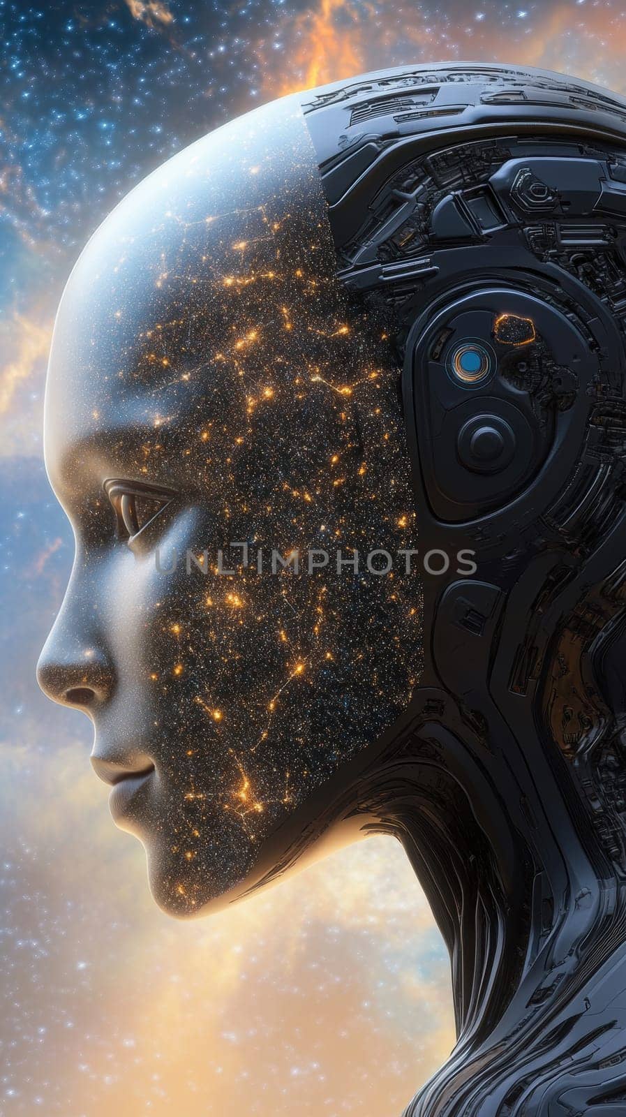 A futuristic AI humanoid with a sleek design, featuring intricate circuitry and glowing elements. The background of stars and galaxies highlights the advanced technology and cosmic theme