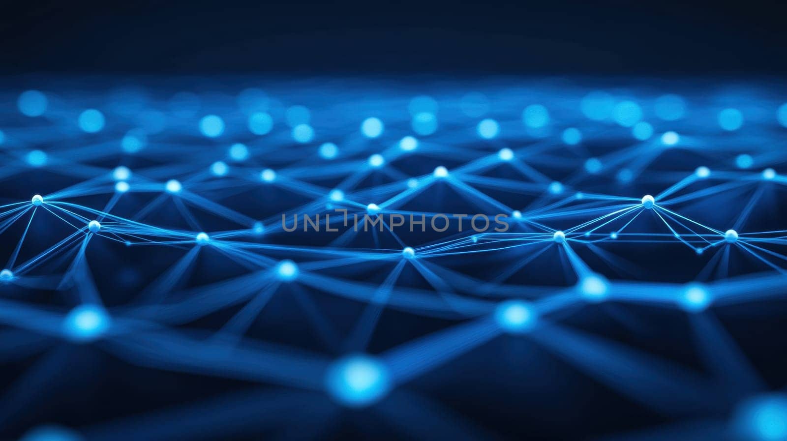A futuristic digital network with glowing blue nodes and lines, representing connectivity and technology. Ideal for concepts of data exchange, communication, and innovation