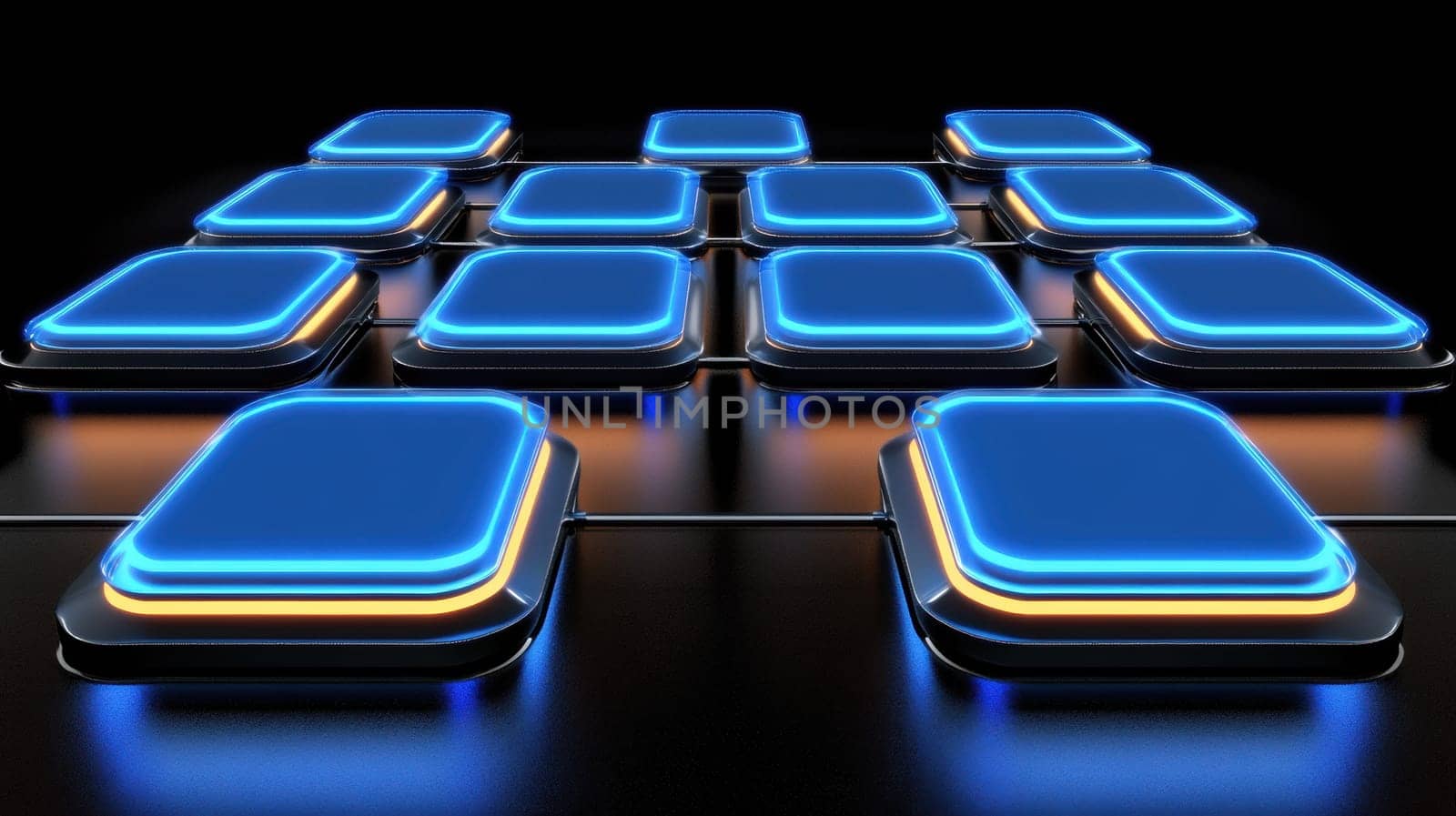 Futuristic neon squares emit blue and orange light, creating a striking grid pattern on a dark background. Ideal for technology, innovation, and digital design concepts