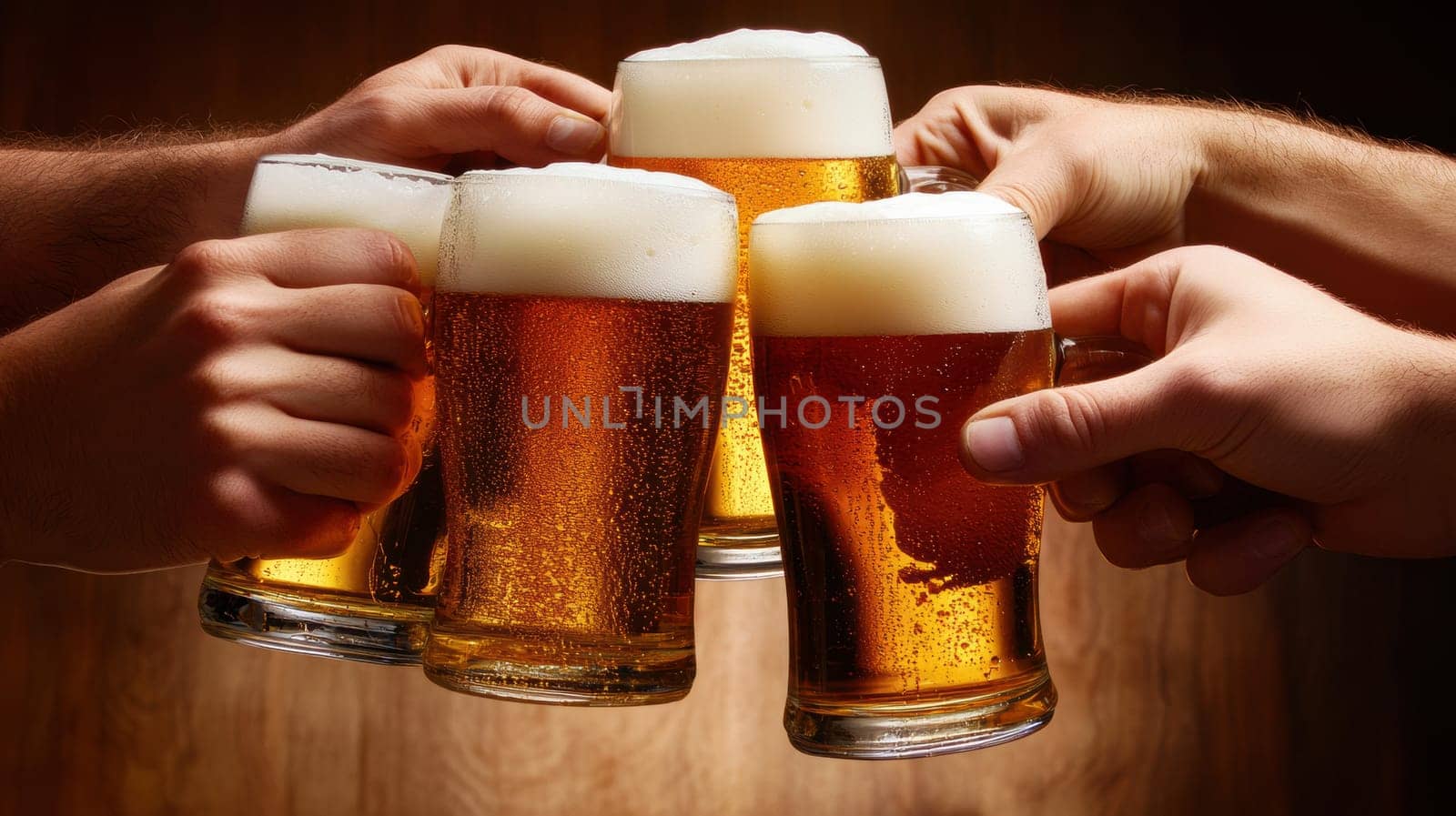 Close-up of four hands holding frothy beer mugs, clinking together against a wooden background. The image captures a moment of celebration and camaraderie, perfect for social gatherings