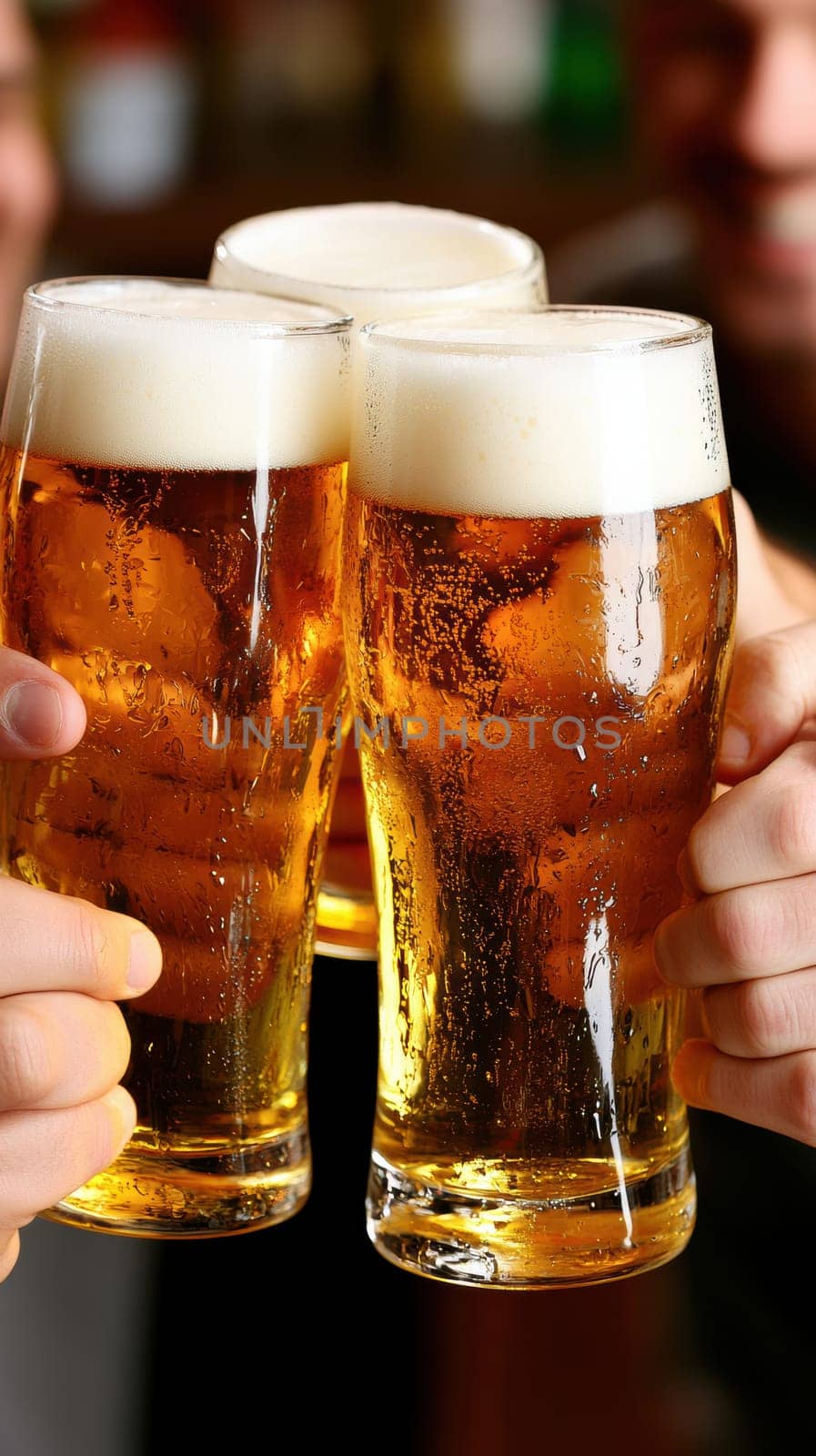 Three glasses of beer being clinked together in a celebratory toast. The image highlights the golden color and frothy tops of the beers, suggesting a festive and social atmosphere