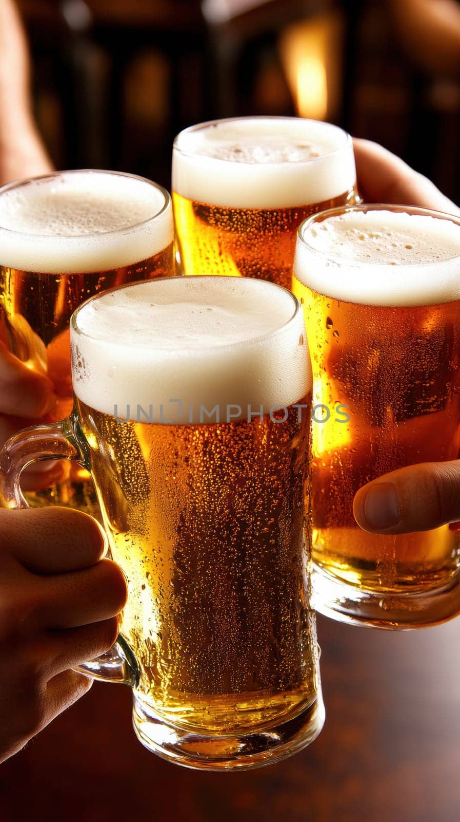 Four hands holding beer mugs in a celebratory toast, showcasing golden, frothy beer. The scene captures a moment of friendship and enjoyment in a warm, inviting pub atmosphere