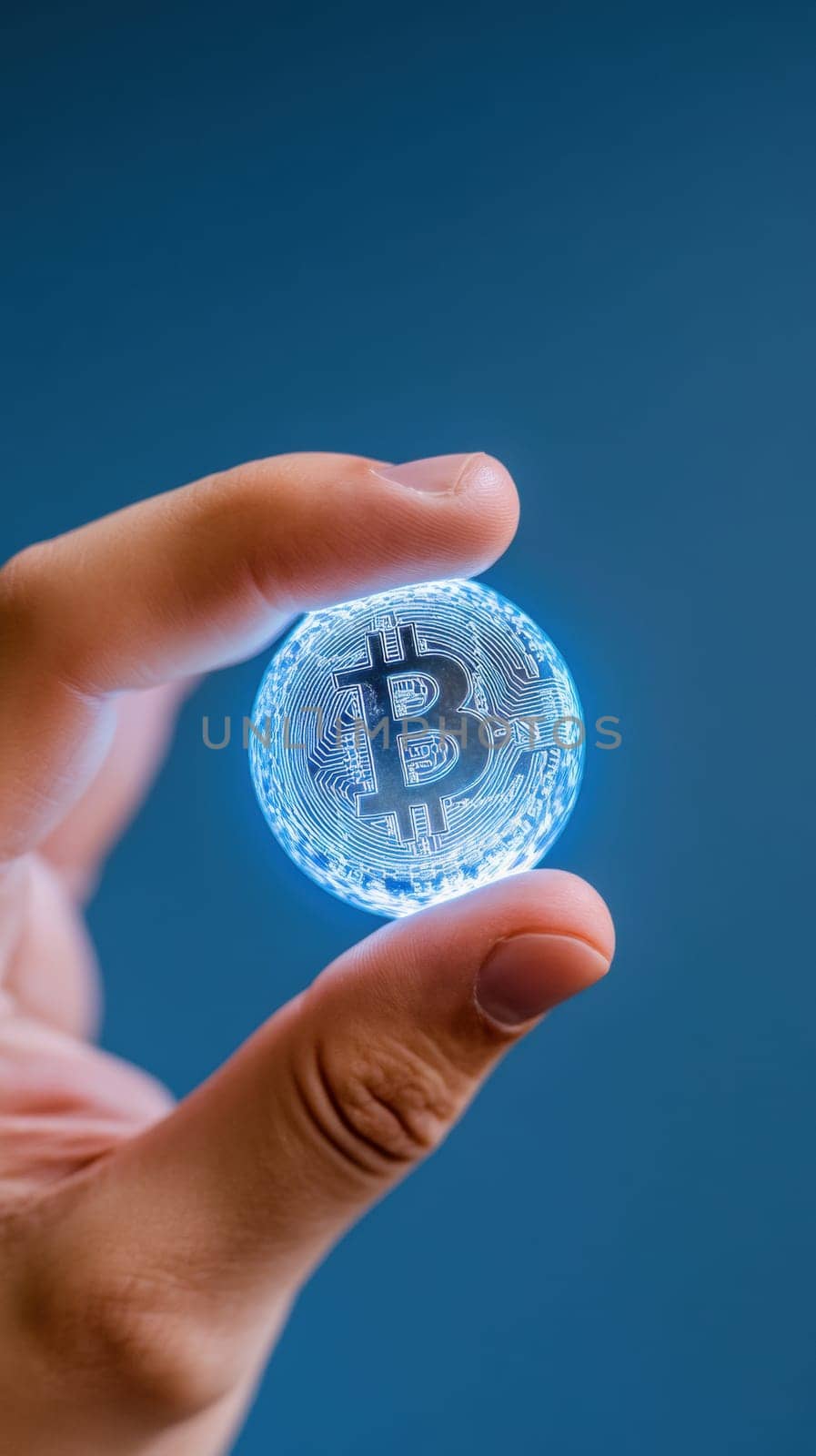 A close-up of a hand holding a glowing digital Bitcoin symbol, representing cryptocurrency and blockchain technology. The image highlights innovation and the future of digital finance
